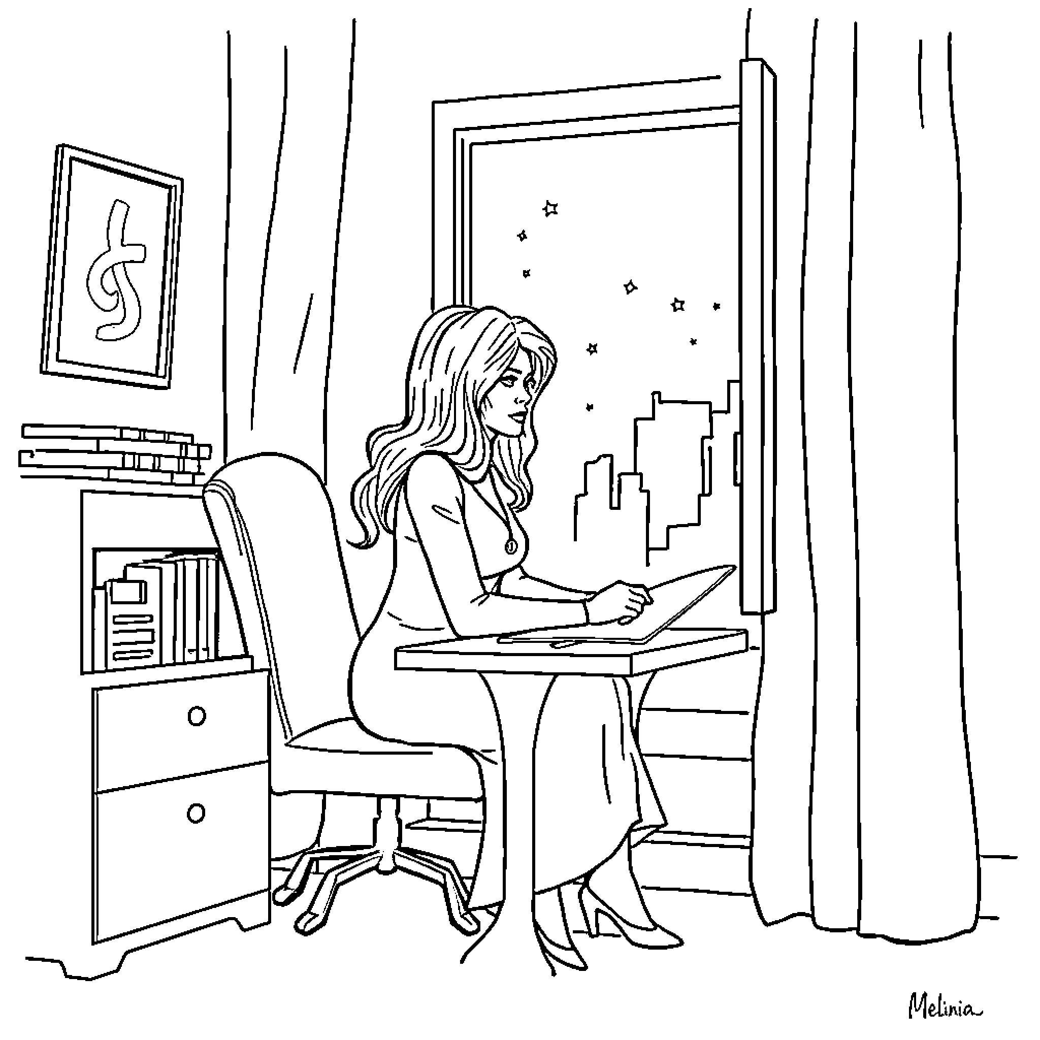 Melania working diligently on a laptop in her home office Coloring Page (free black-and-white line drawing printable PDF for all, from beginners to advanced learners, including children, teens, adults, and seniors)