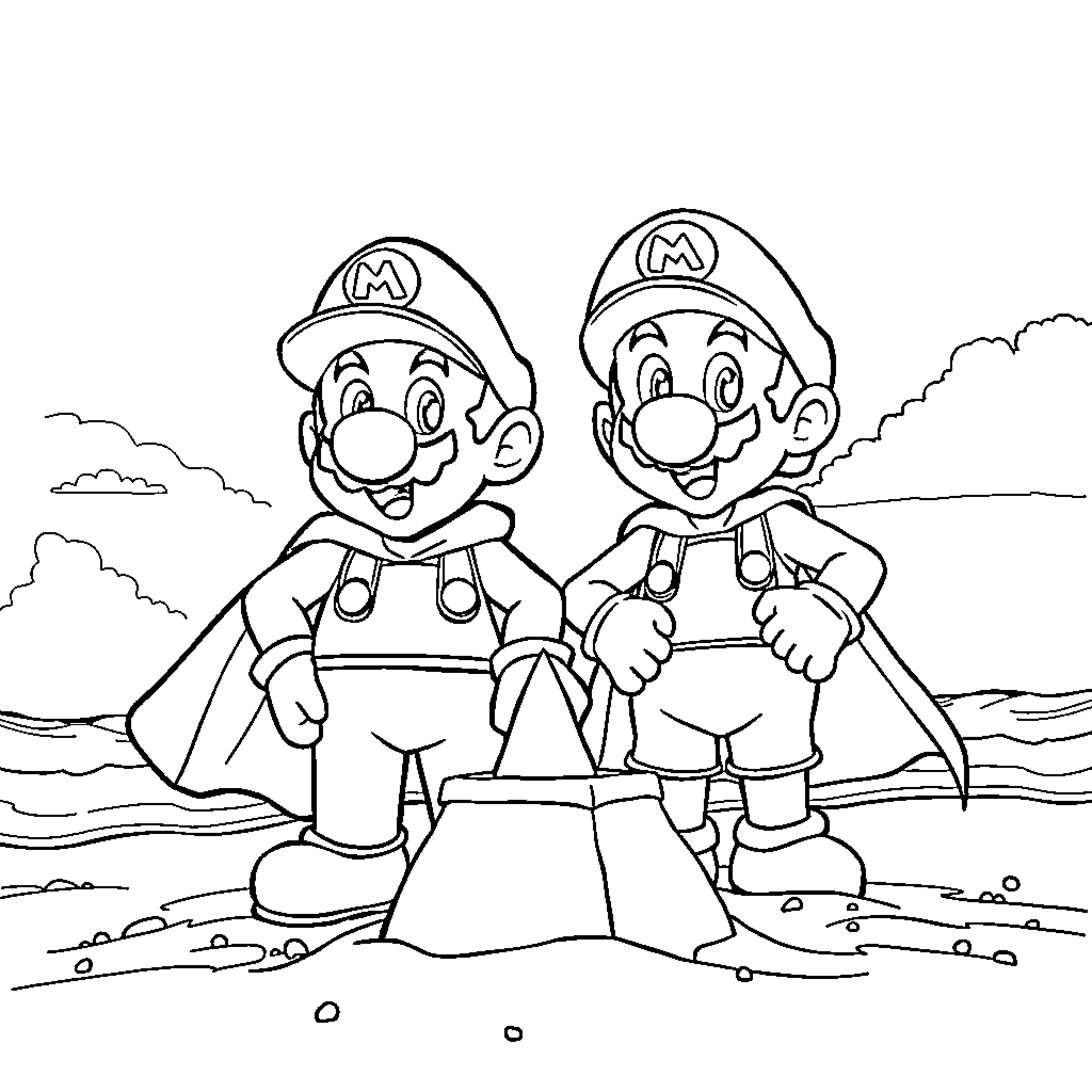 Mario and Luigi in Outdoor Adventure Coloring Page (free black-and-white line drawing printable PDF for all, from beginners to advanced learners, including children, teens, adults, and seniors)