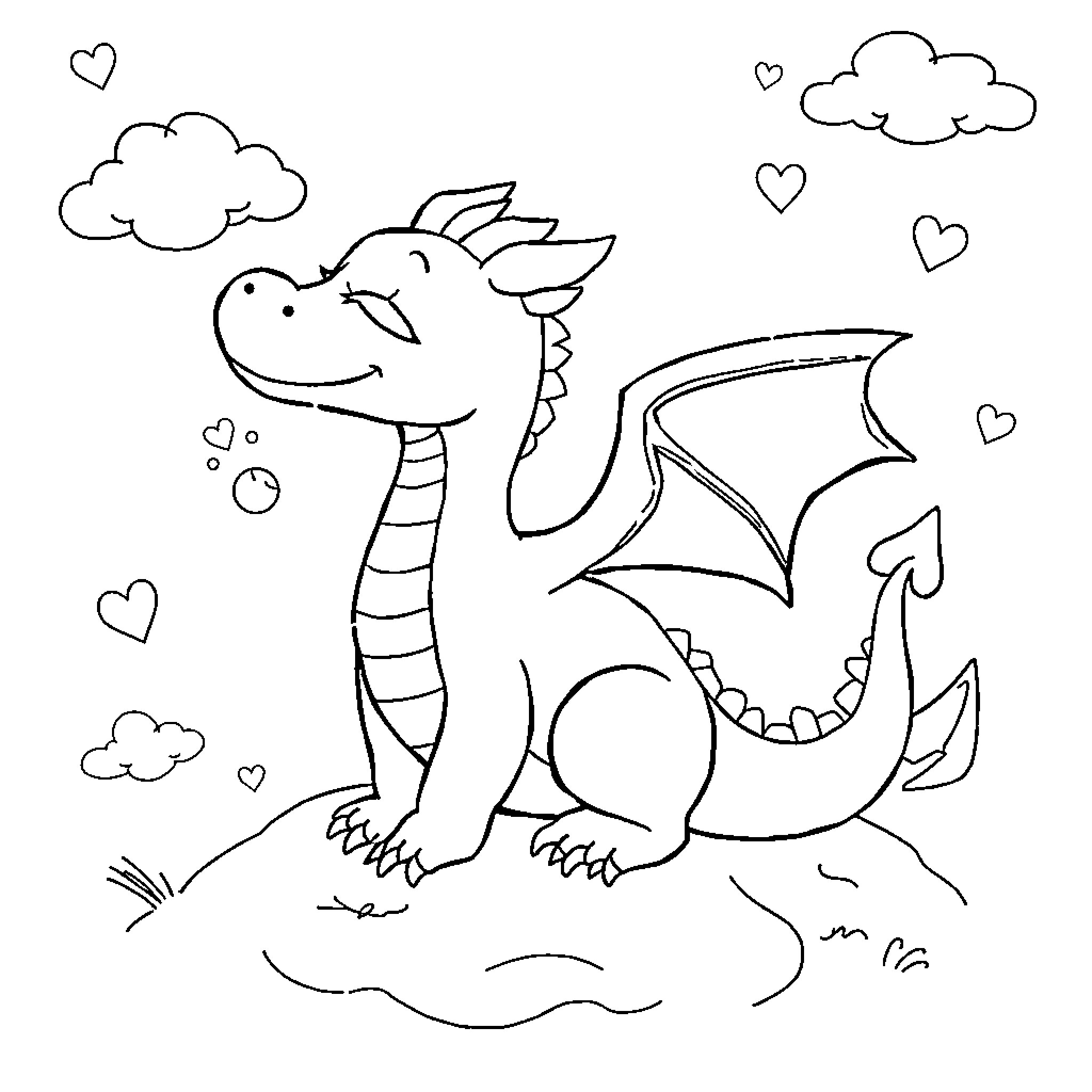 Dragon breathing hearts in the clouds Coloring Page (free black-and-white line drawing printable PDF for all, from beginners to advanced learners, including children, teens, adults, and seniors)