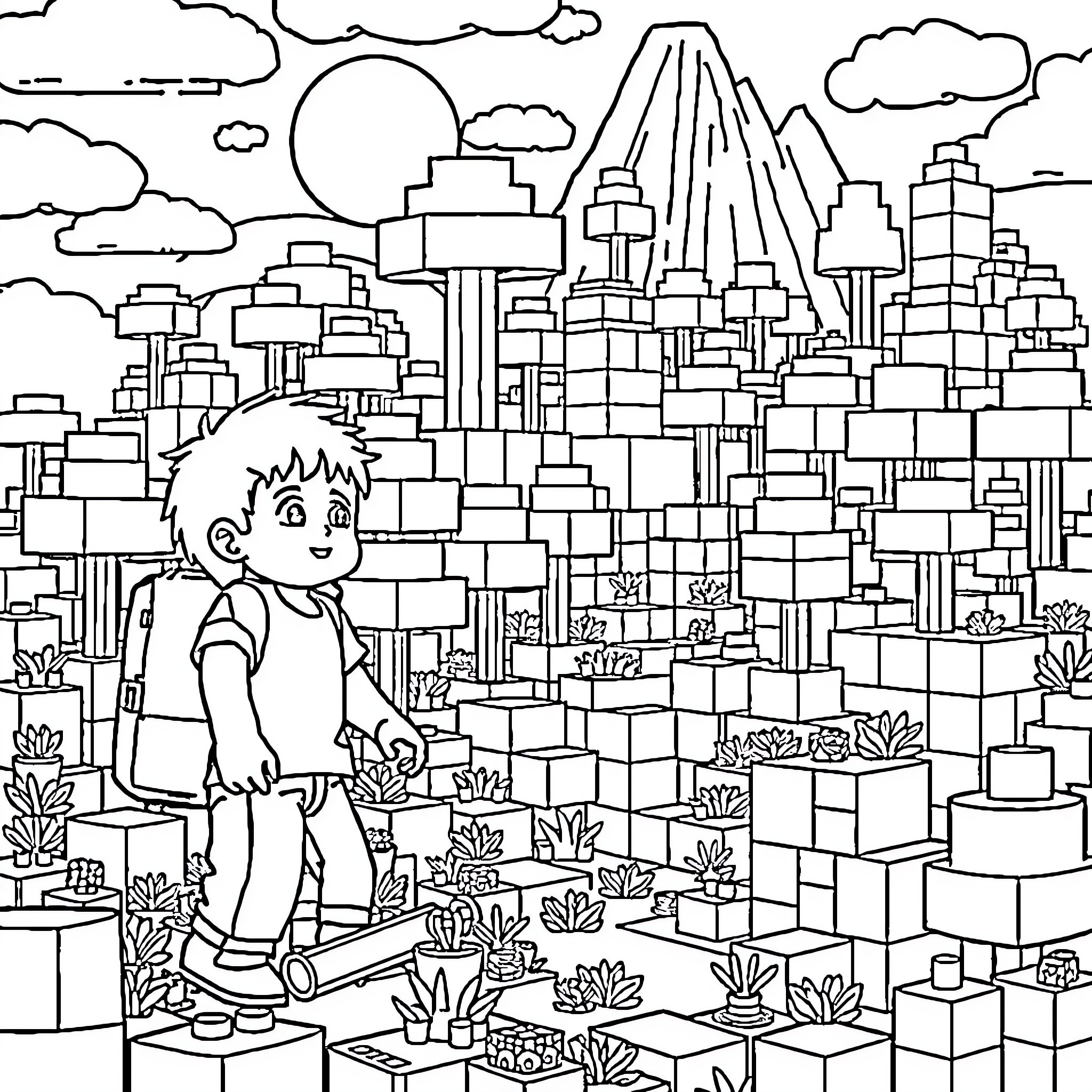 Boy exploring the vibrant cityscape Coloring Page (free black-and-white line drawing printable PDF for all, from beginners to advanced learners, including children, teens, adults, and seniors)