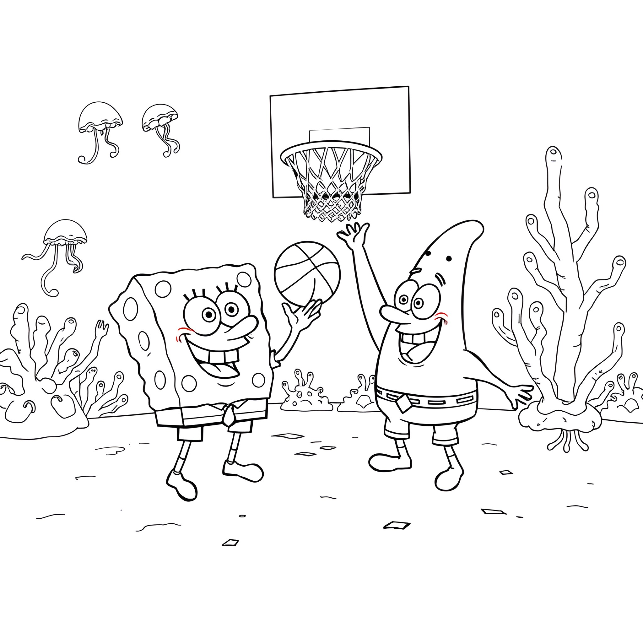 Spongebob and Patrick playing basketball on the court Coloring Page (free black-and-white line drawing printable PDF for all, from beginners to advanced learners, including children, teens, adults, and seniors)