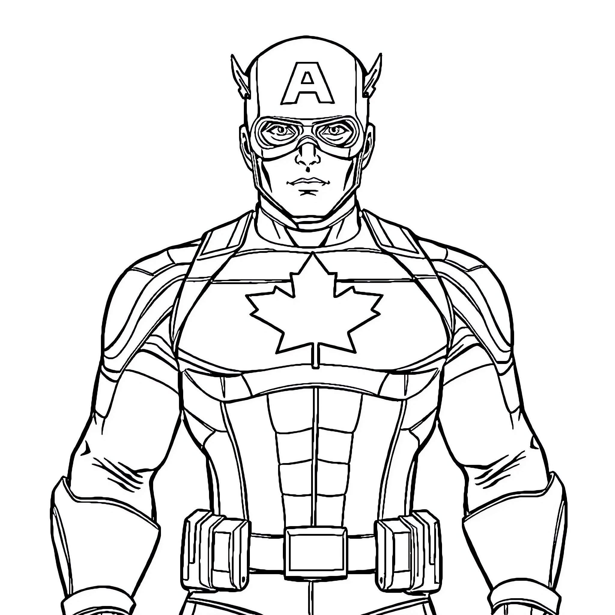 Captain America in Heroic Stance with Patriotic Attire Coloring Page (free black-and-white line drawing printable PDF for all, from beginners to advanced learners, including children, teens, adults, and seniors)