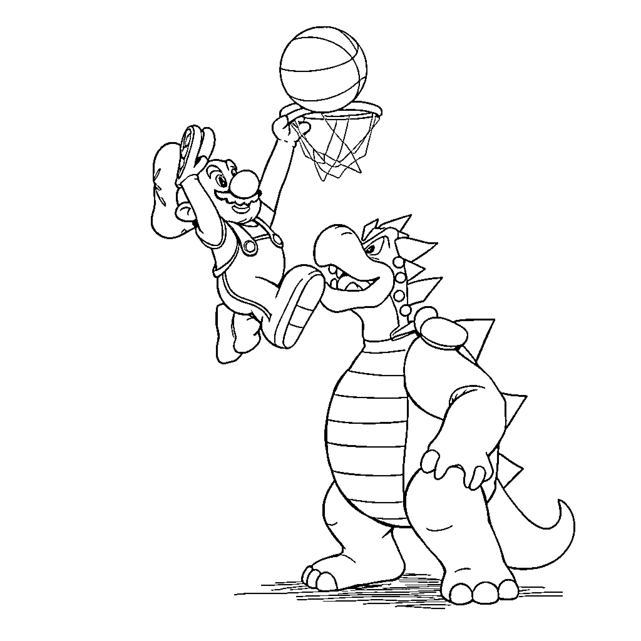 Mario playing basketball with Bowser Coloring Page (free black-and-white line drawing printable PDF for all, from beginners to advanced learners, including children, teens, adults, and seniors)