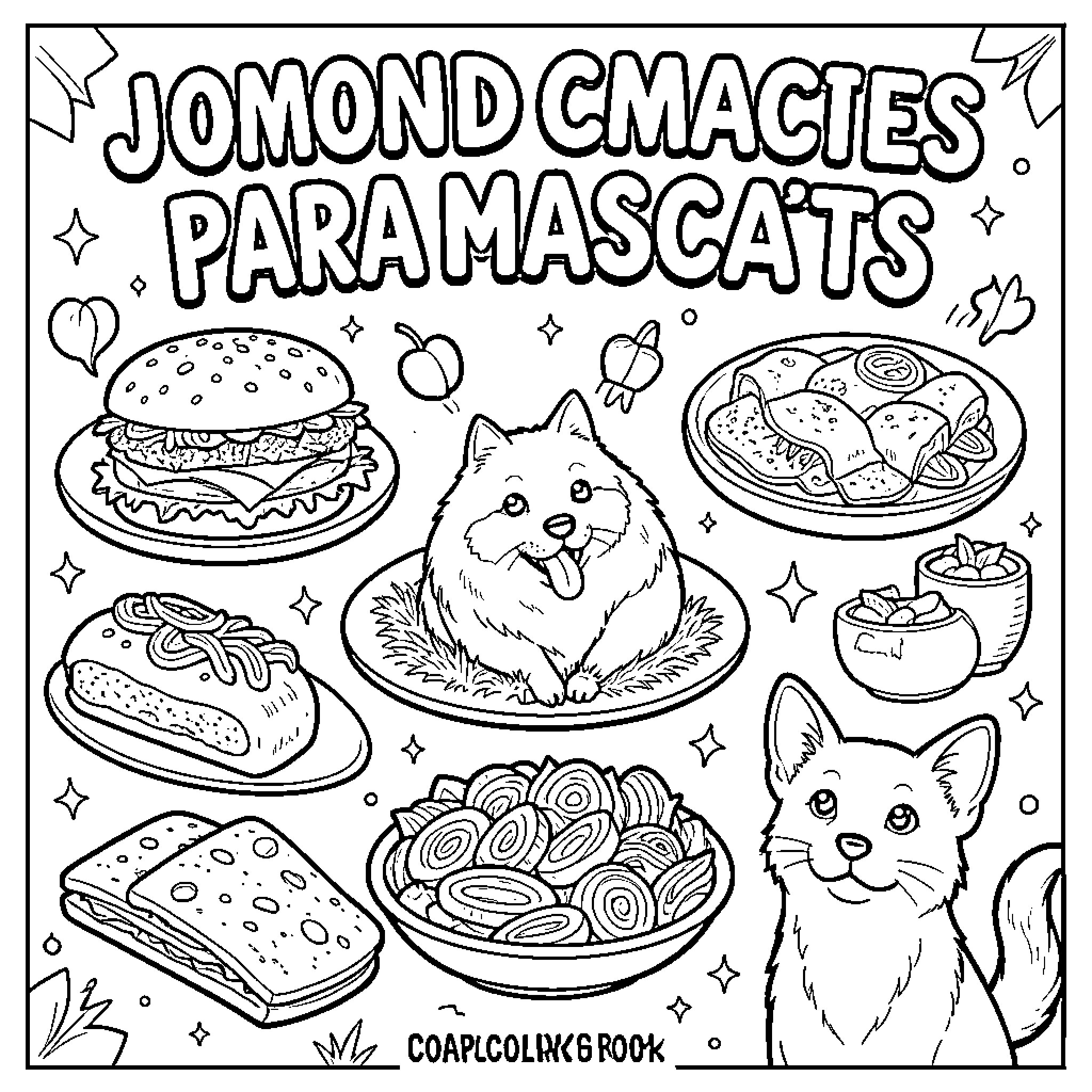 Pet Food surrounded by various delicious snacks Coloring Page (free black-and-white line drawing printable PDF for all, from beginners to advanced learners, including children, teens, adults, and seniors)