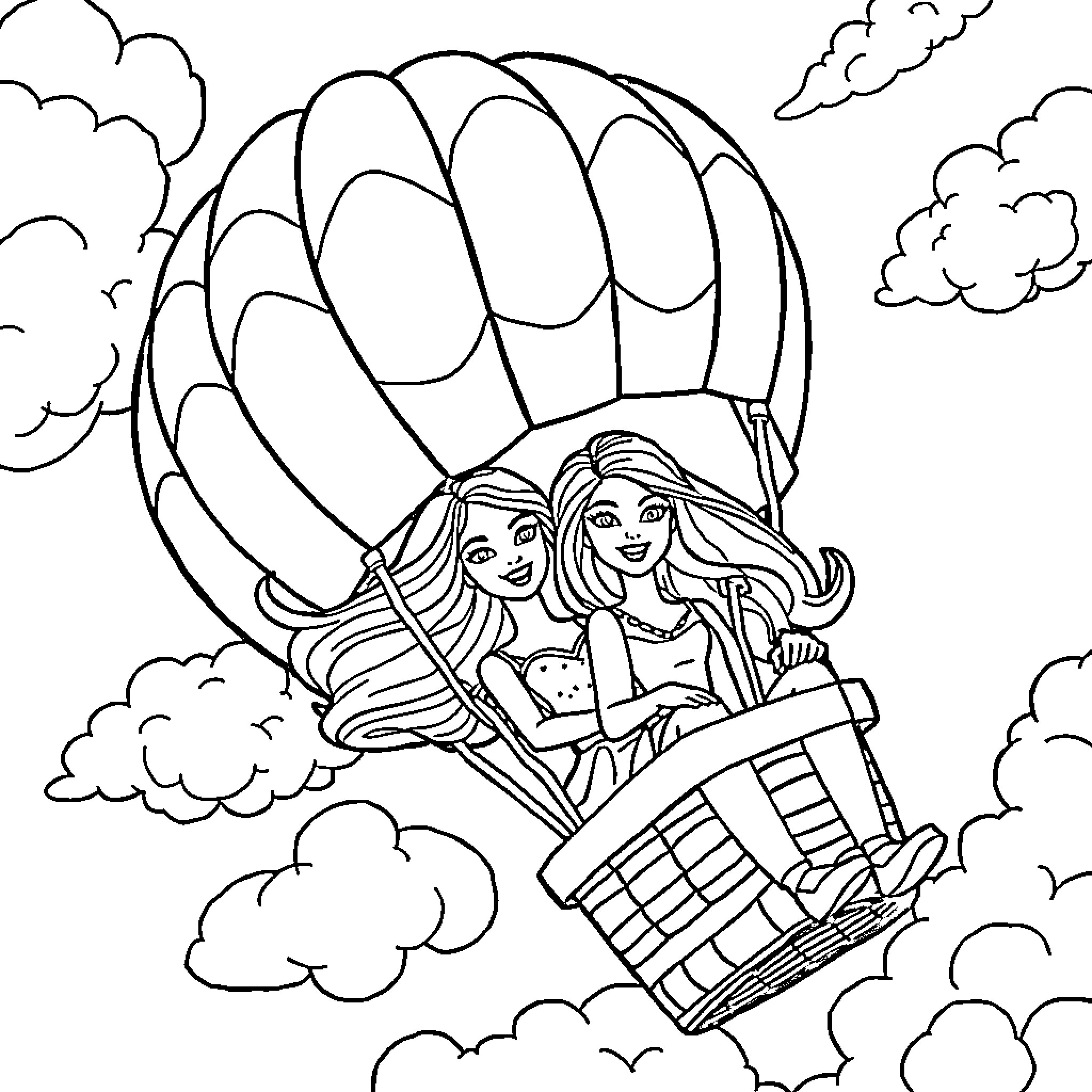 Barbie enjoying hot air balloon ride with friend Coloring Page (free black-and-white line drawing printable PDF for all, from beginners to advanced learners, including children, teens, adults, and seniors)