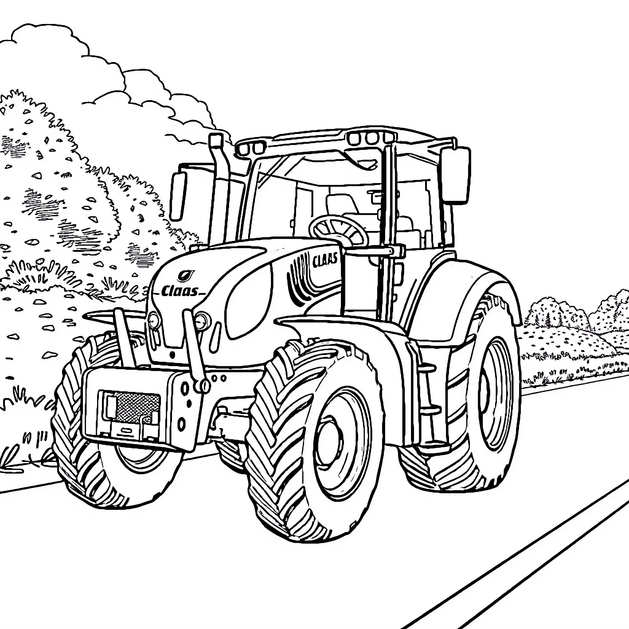 Tractor plowing through the countryside Coloring Page (free black-and-white line drawing printable PDF for all, from beginners to advanced learners, including children, teens, adults, and seniors)