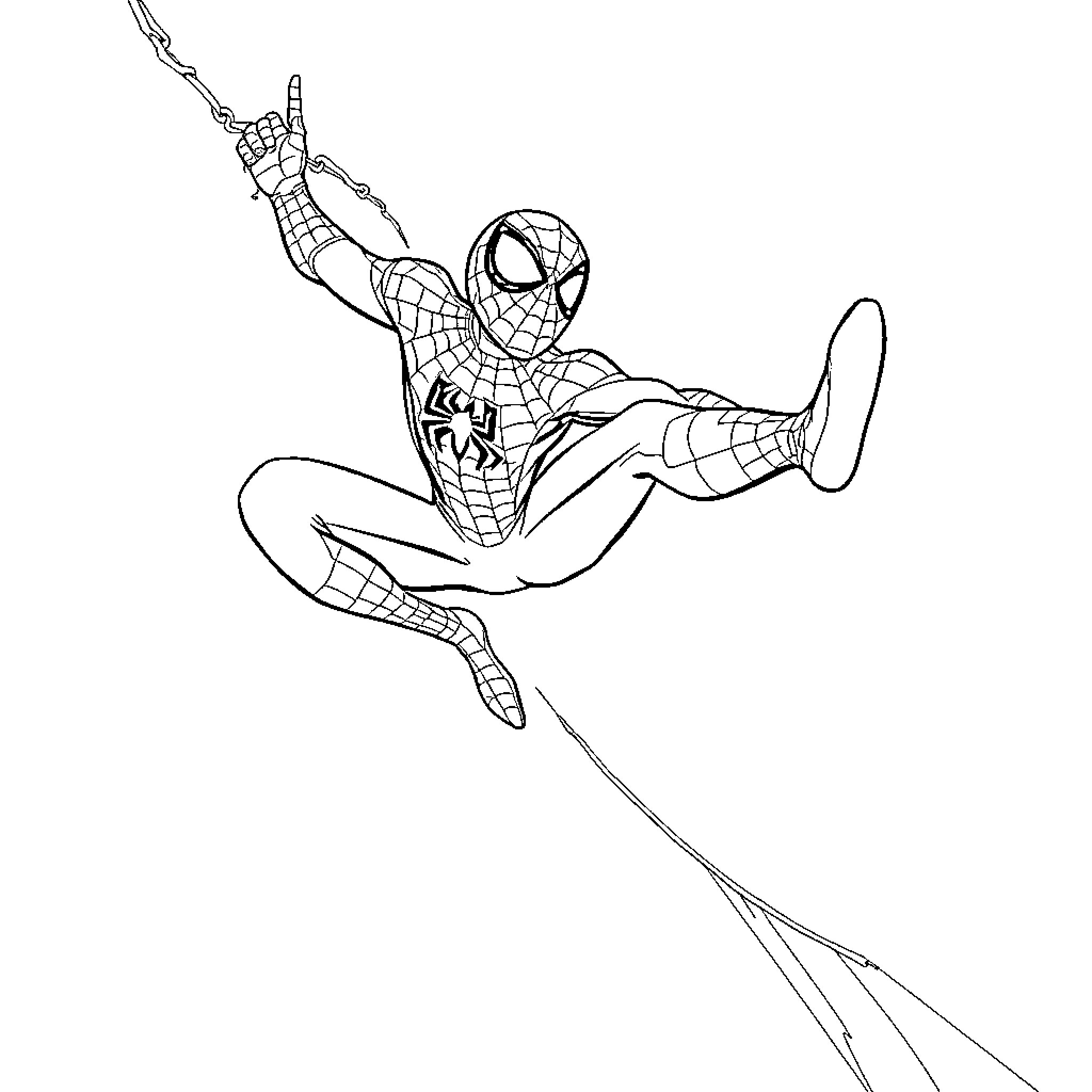Spiderman swinging through the city on web Coloring Page (free black-and-white line drawing printable PDF for all, from beginners to advanced learners, including children, teens, adults, and seniors)
