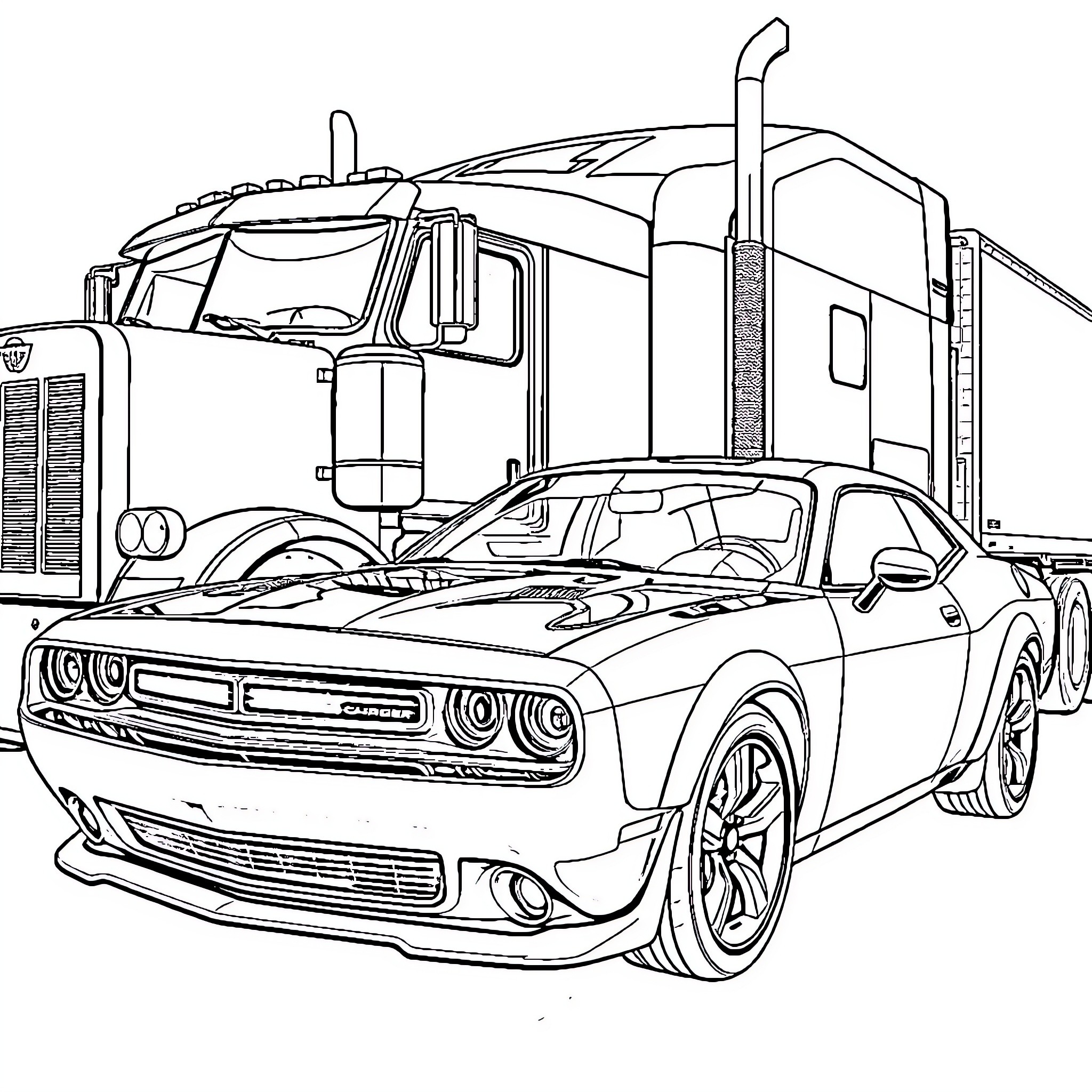Dodge Charger with Semi Truck in Monochrome Illustration Coloring Page (free black-and-white line drawing printable PDF for all, from beginners to advanced learners, including children, teens, adults, and seniors)