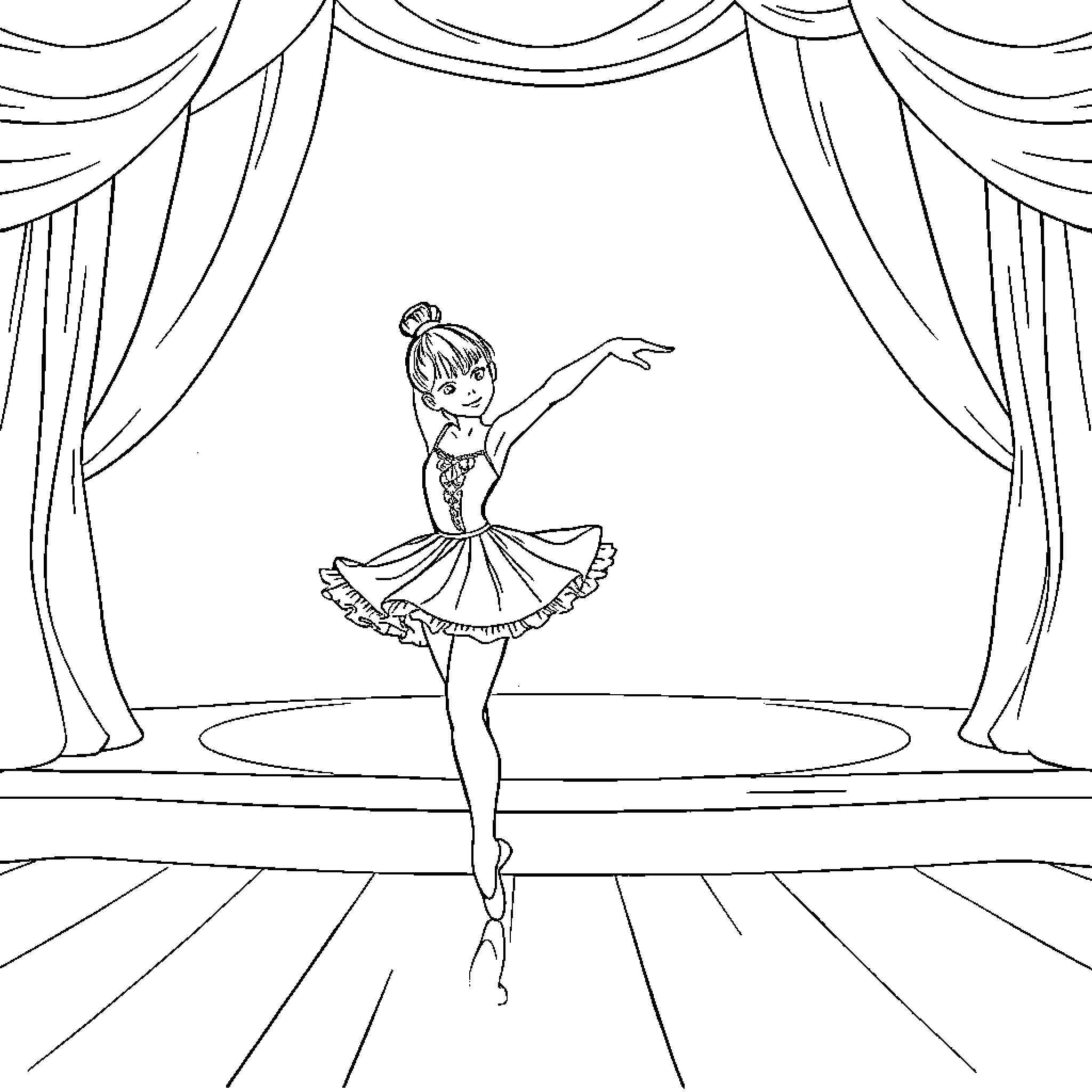 Ballerina Gracefully Performing on Stage Coloring Page (free black-and-white line drawing printable PDF for all, from beginners to advanced learners, including children, teens, adults, and seniors)