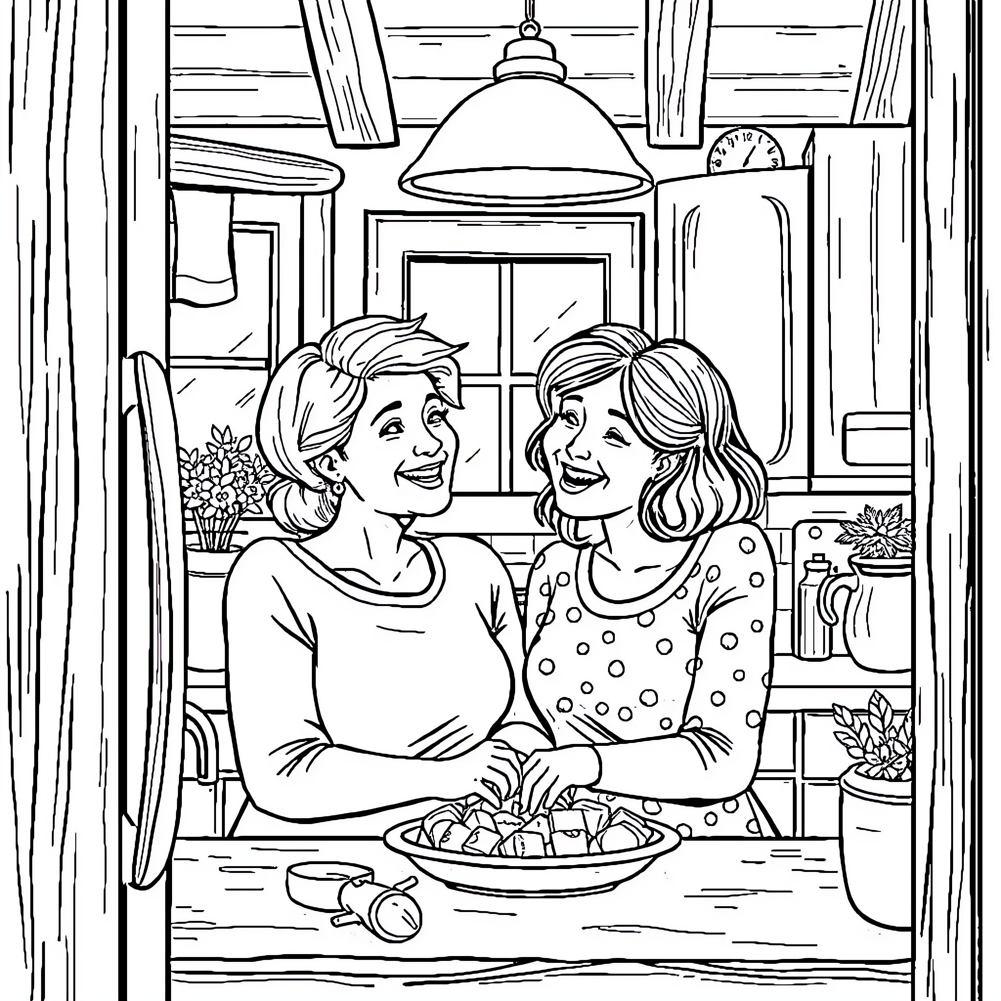 Mom and Daughter Bonding in the Kitchen Coloring Page (free black-and-white line drawing printable PDF for all, from beginners to advanced learners, including children, teens, adults, and seniors)