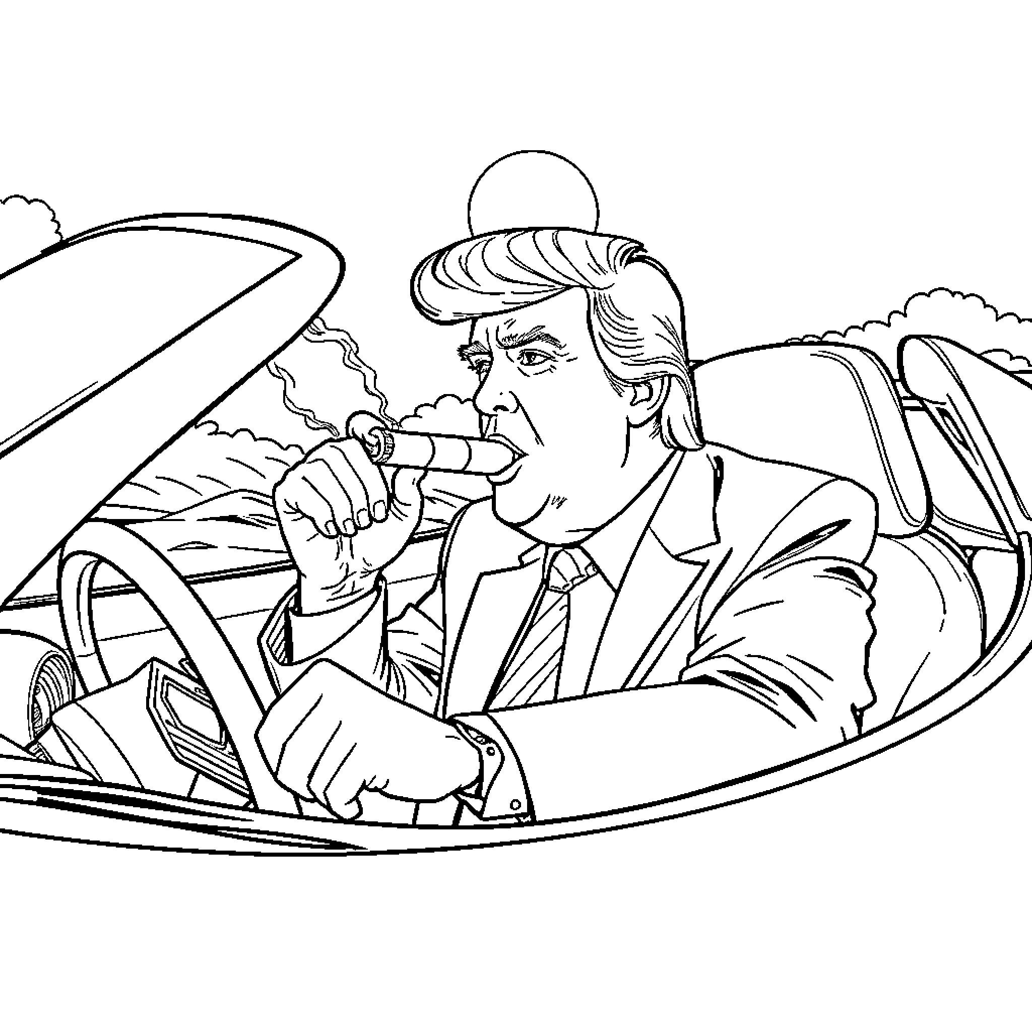 Donald Trump driving a car and smoking a cigar Coloring Page (free black-and-white line drawing printable PDF for all, from beginners to advanced learners, including children, teens, adults, and seniors)