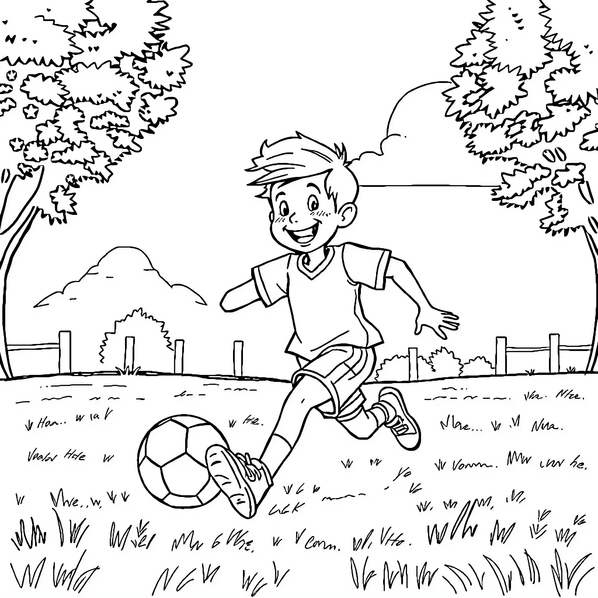 Tom Sawyer enjoying a game of soccer in the park Coloring Page (free black-and-white line drawing printable PDF for all, from beginners to advanced learners, including children, teens, adults, and seniors)