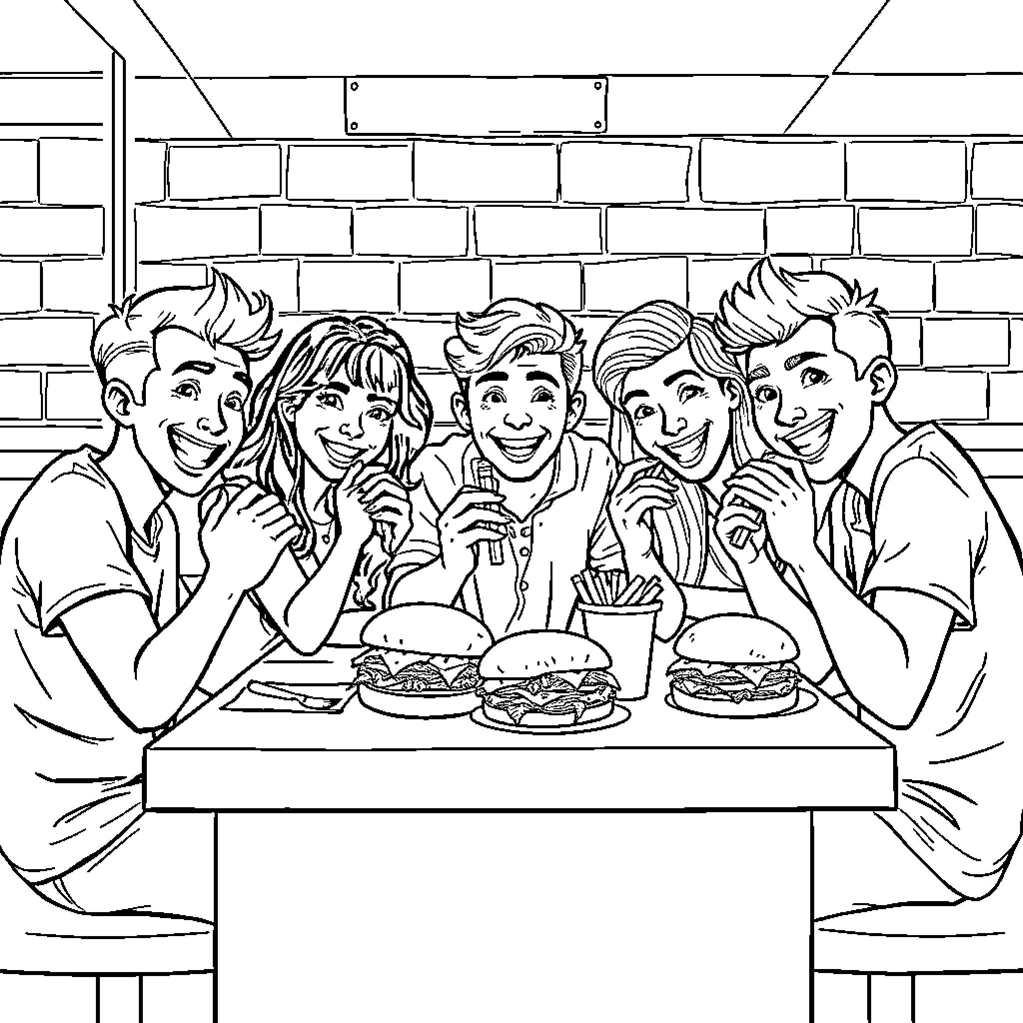 Guy friends enjoying burgers and hanging out Coloring Page (free black-and-white line drawing printable PDF for all, from beginners to advanced learners, including children, teens, adults, and seniors)