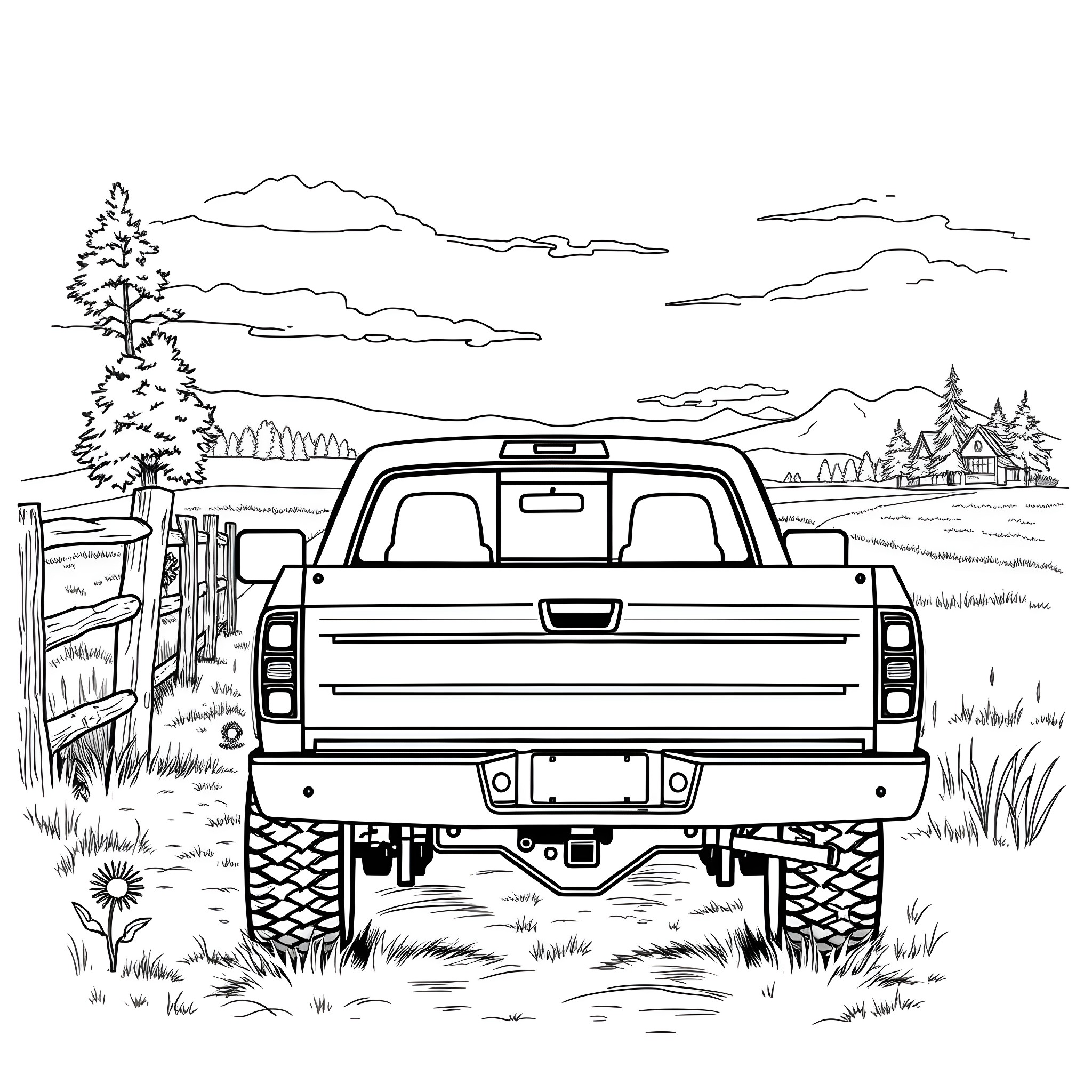 Pick Up Truck Driving through Scenic Countryside Coloring Page (free black-and-white line drawing printable PDF for all, from beginners to advanced learners, including children, teens, adults, and seniors)