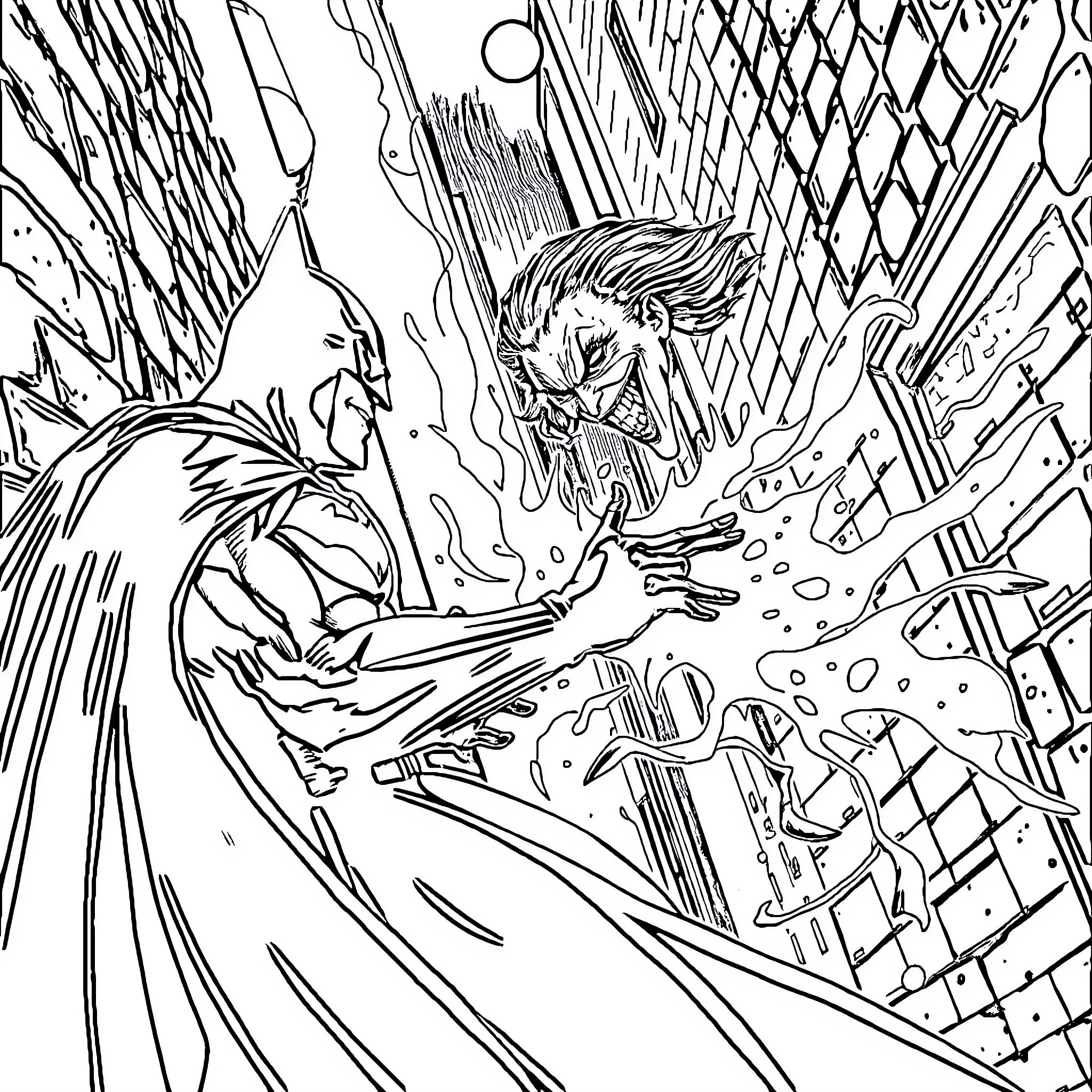 Batman in fierce battle with intense action Coloring Page (free black-and-white line drawing printable PDF for all, from beginners to advanced learners, including children, teens, adults, and seniors)