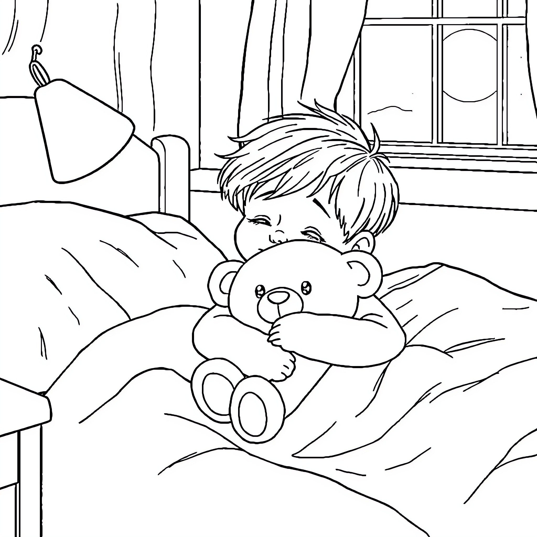 Child resting peacefully with plush toy Coloring Page (free black-and-white line drawing printable PDF for all, from beginners to advanced learners, including children, teens, adults, and seniors)