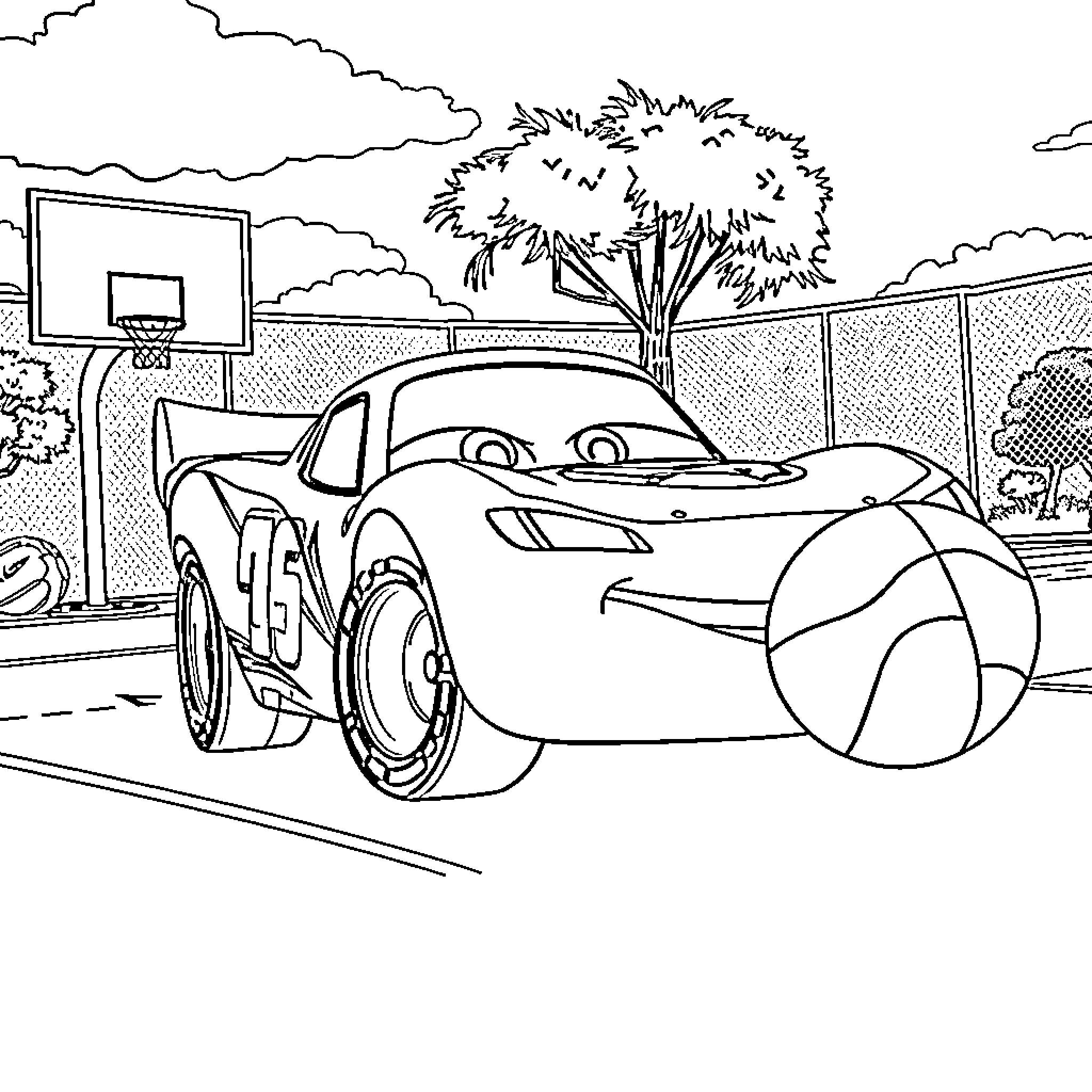 Lightning McQueen playing basketball with a beach ball Coloring Page (free black-and-white line drawing printable PDF for all, from beginners to advanced learners, including children, teens, adults, and seniors)