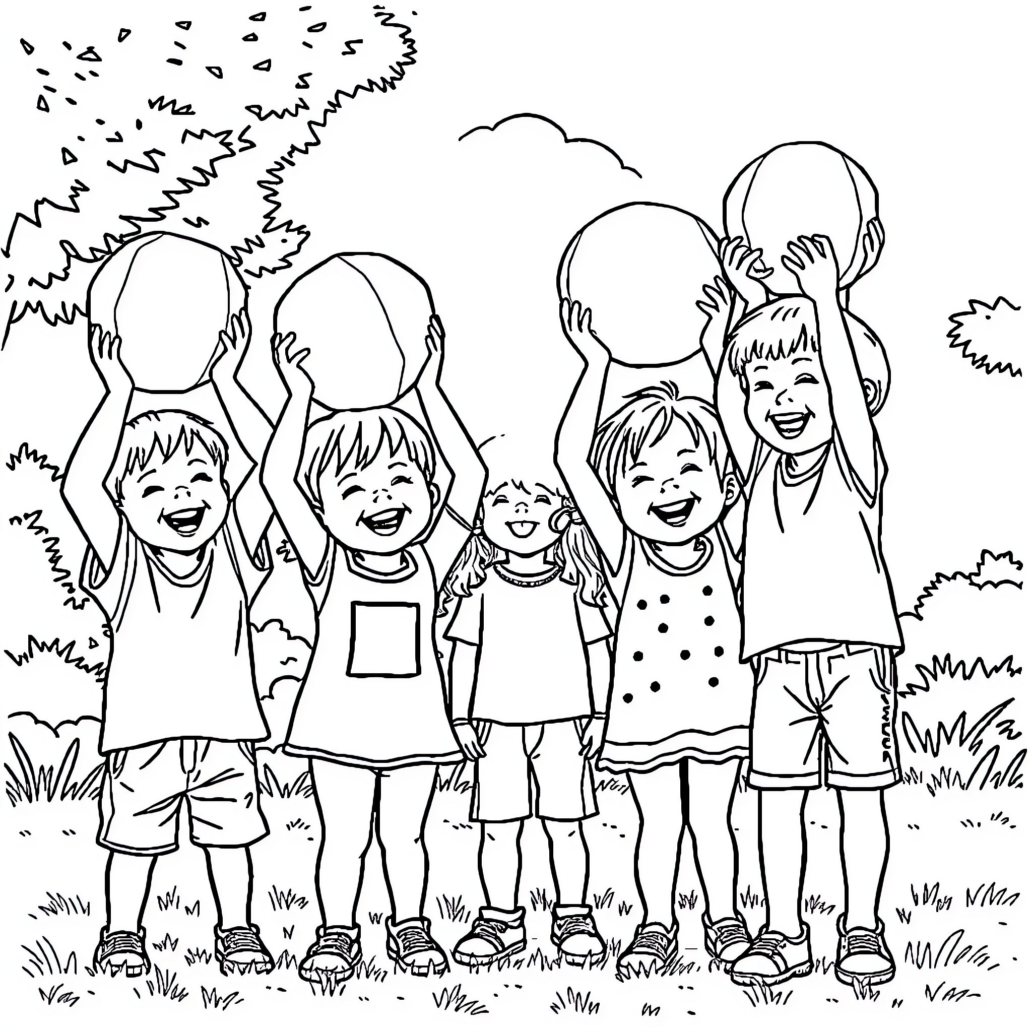 Children playing joyfully in the park Coloring Page (free black-and-white line drawing printable PDF for all, from beginners to advanced learners, including children, teens, adults, and seniors)