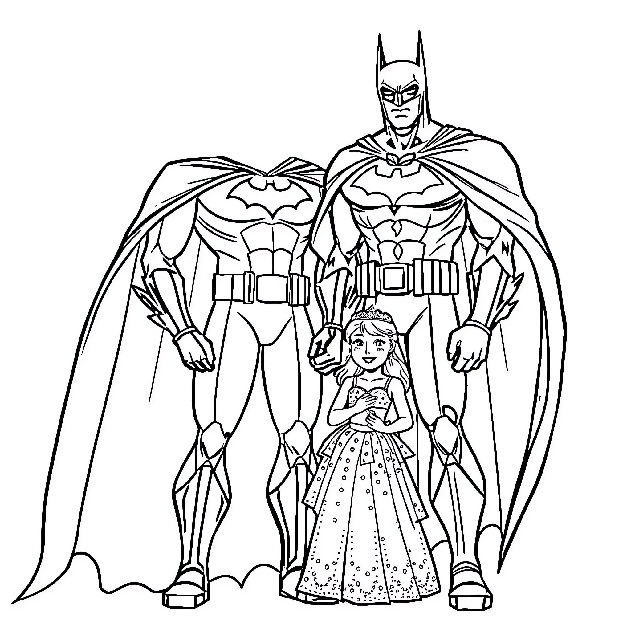 Batman protecting a young girl in his heroic costume Coloring Page (free black-and-white line drawing printable PDF for all, from beginners to advanced learners, including children, teens, adults, and seniors)