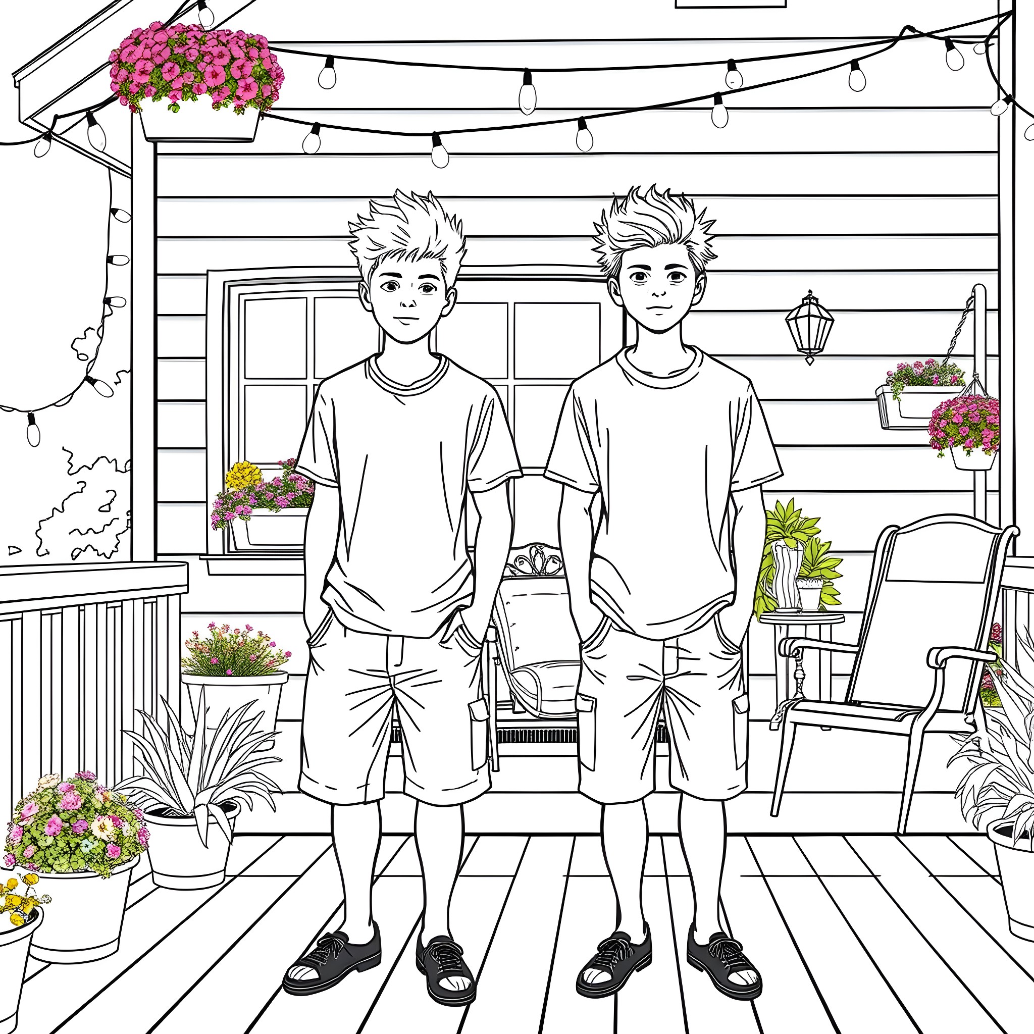 Teen Guys Relaxing on Porch in Casual Outfits Coloring Page (free black-and-white line drawing printable PDF for all, from beginners to advanced learners, including children, teens, adults, and seniors)