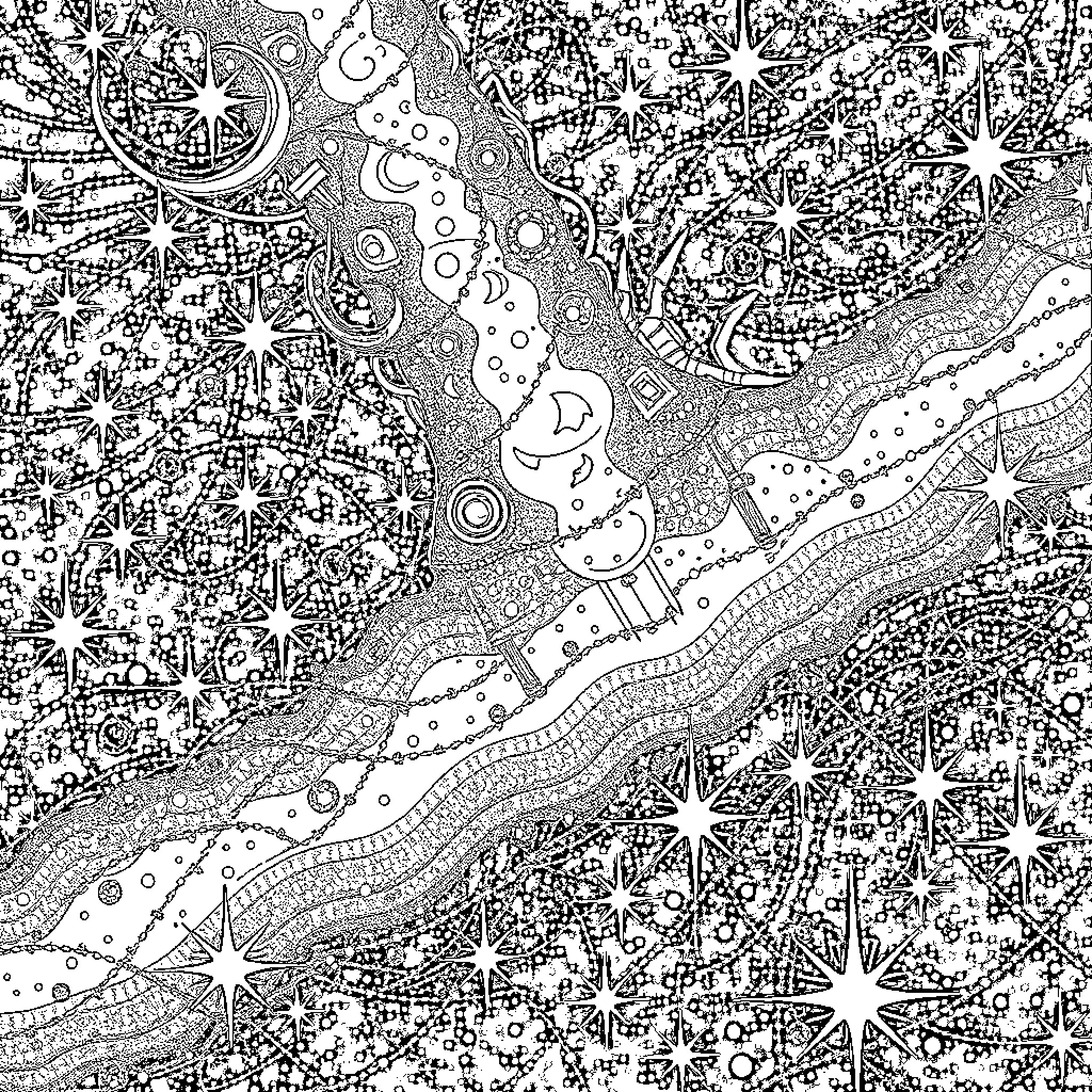 Space Odyssey of Abstract Celestial Patterns Coloring Page (free black-and-white line drawing printable PDF for all, from beginners to advanced learners, including children, teens, adults, and seniors)