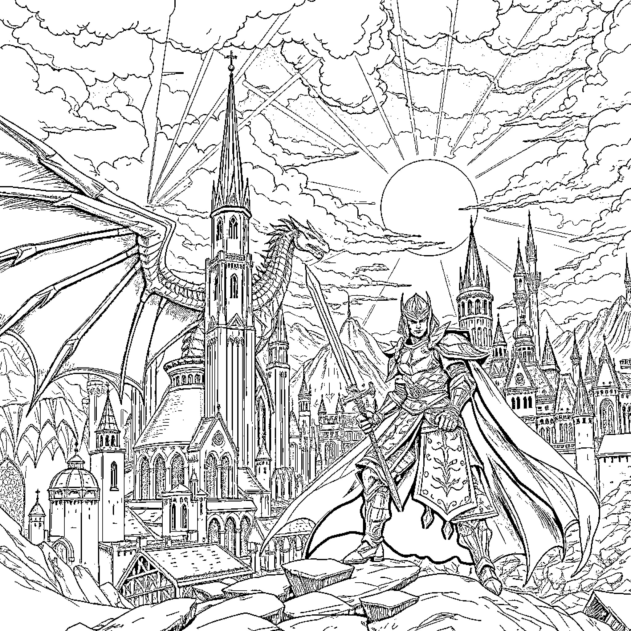 Dragon Slayer Battles Mythical Creature in Enchanted City Coloring Page (free black-and-white line drawing printable PDF for all, from beginners to advanced learners, including children, teens, adults, and seniors)