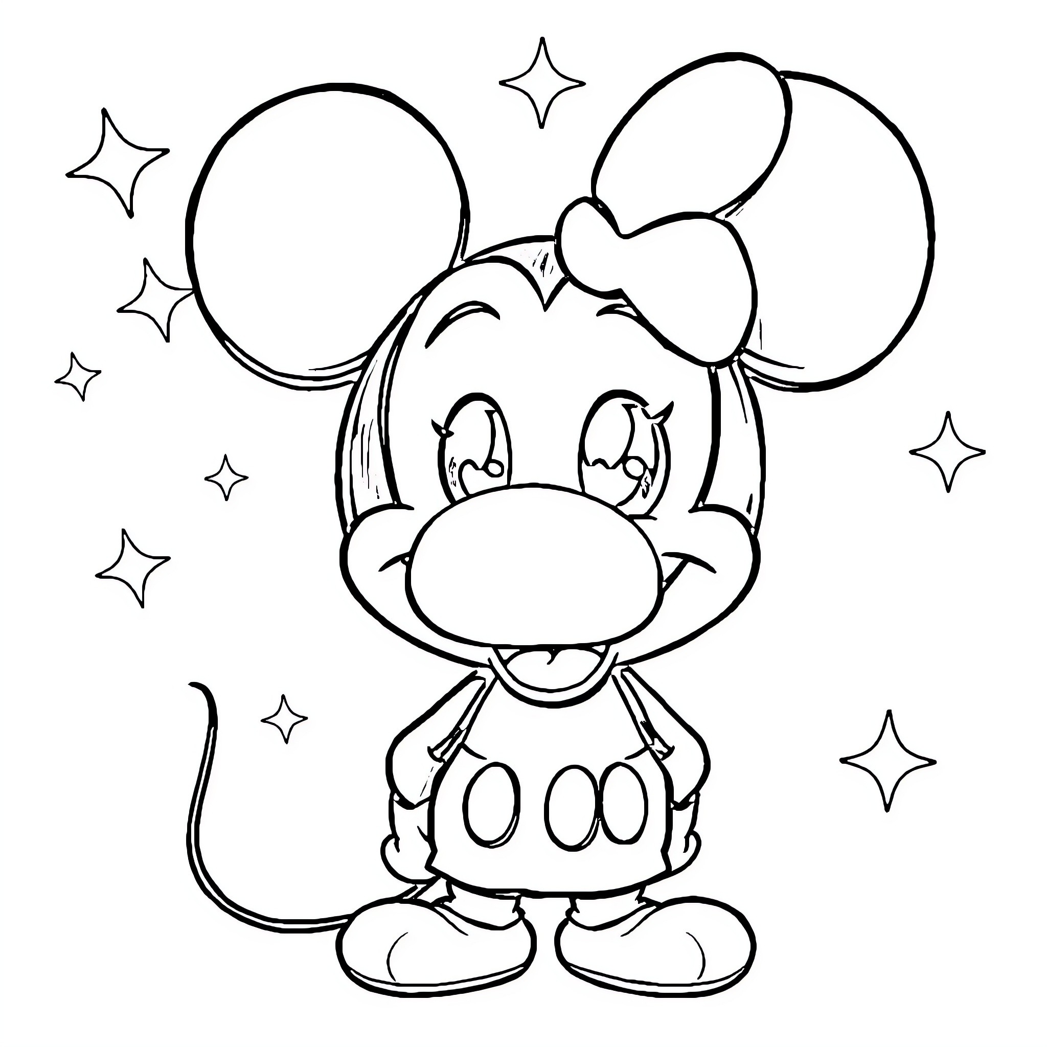 Mickey Mouse Smiling with Stars Coloring Page (free black-and-white line drawing printable PDF for all, from beginners to advanced learners, including children, teens, adults, and seniors)