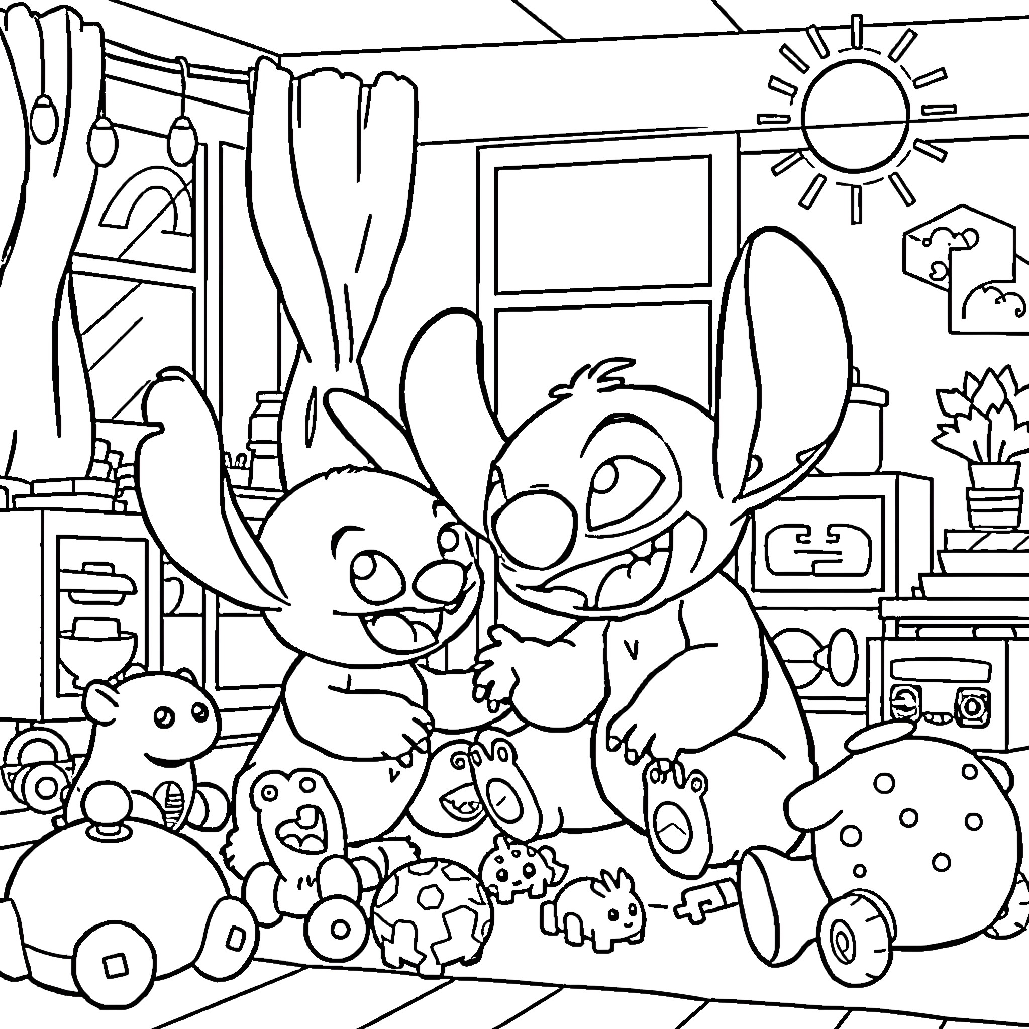 Grogu's Playful Adventure in the Cozy Home Coloring Page (free black-and-white line drawing printable PDF for all, from beginners to advanced learners, including children, teens, adults, and seniors)