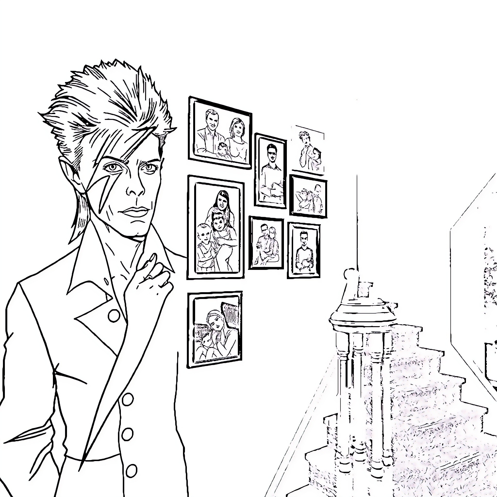 David Bowie's Artistic Expression and Persona Coloring Page (free black-and-white line drawing printable PDF for all, from beginners to advanced learners, including children, teens, adults, and seniors)