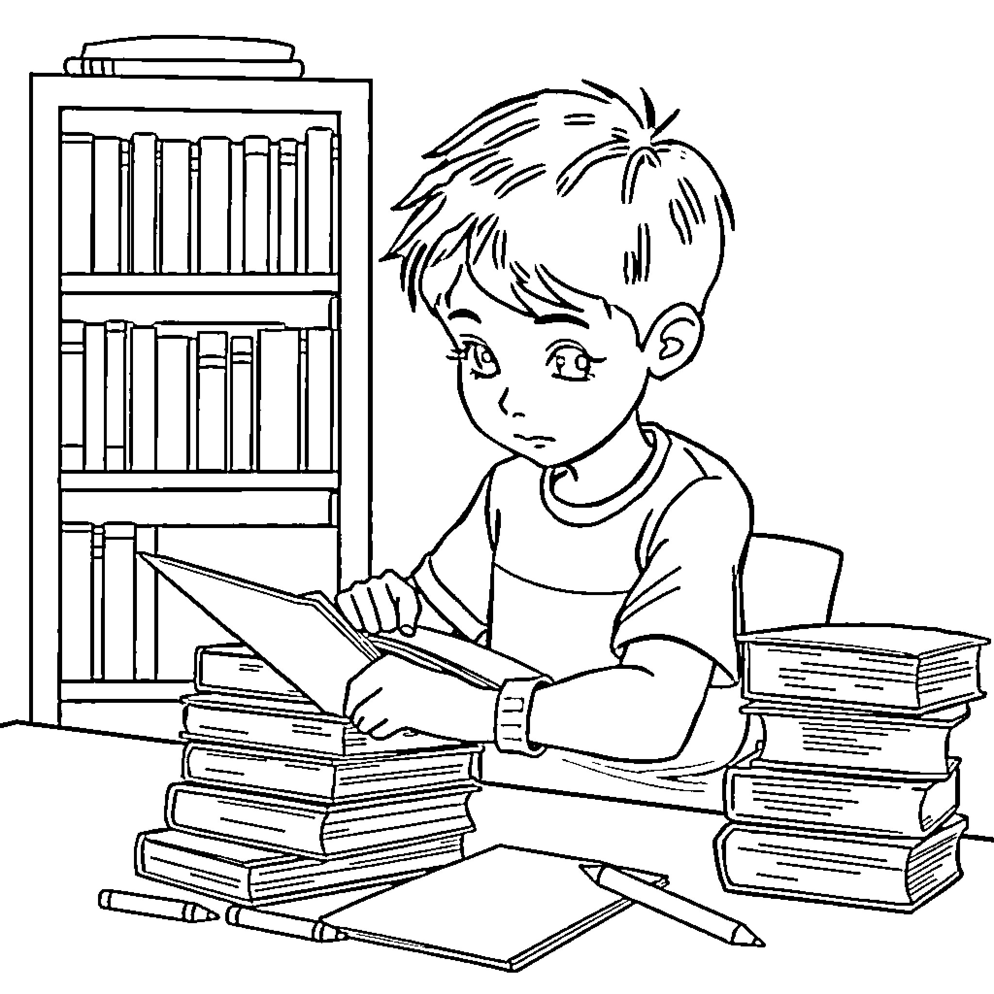 Boy studying diligently at his desk surrounded by books Coloring Page (free black-and-white line drawing printable PDF for all, from beginners to advanced learners, including children, teens, adults, and seniors)