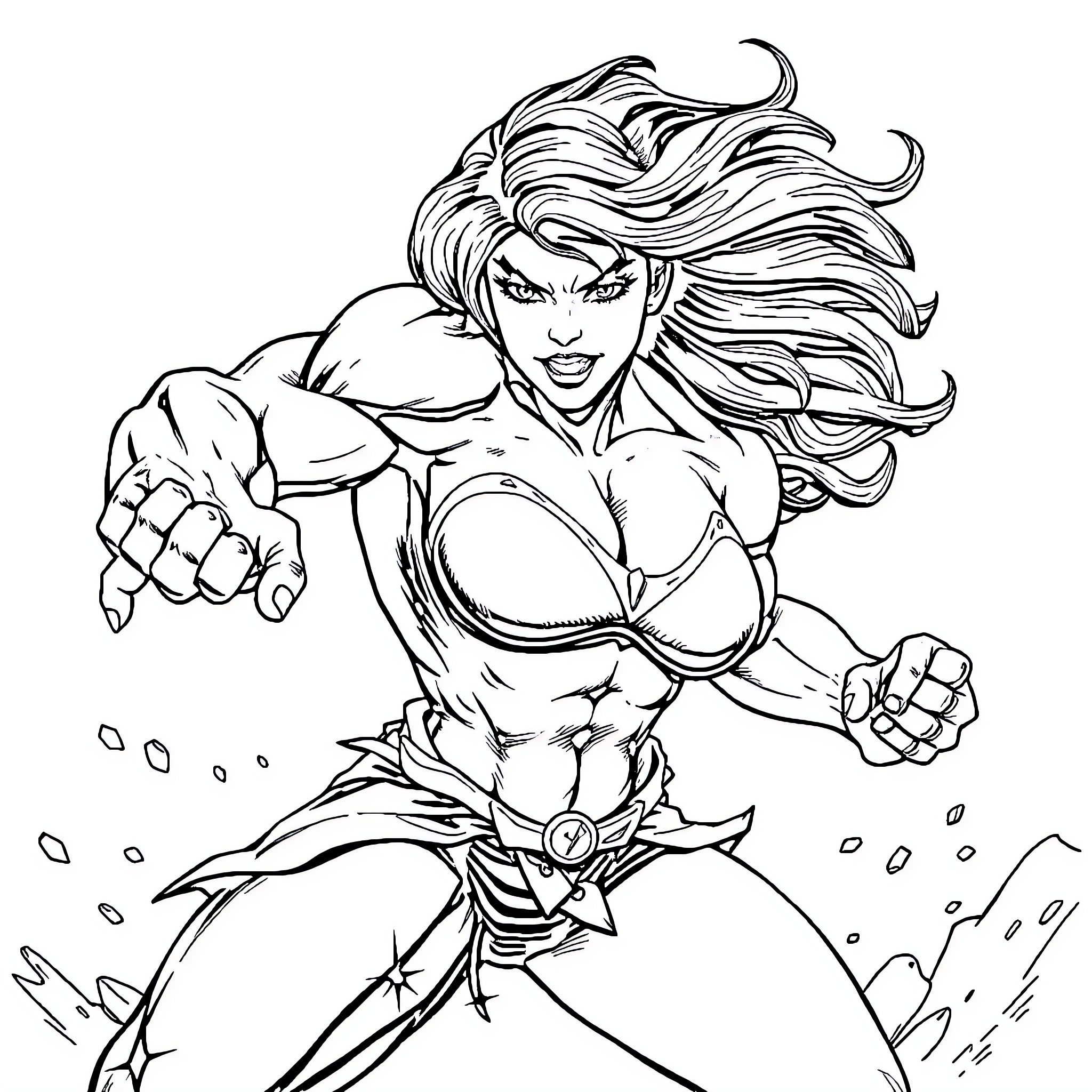 She-Hulk in fierce fighting stance Coloring Page (free black-and-white line drawing printable PDF for all, from beginners to advanced learners, including children, teens, adults, and seniors)