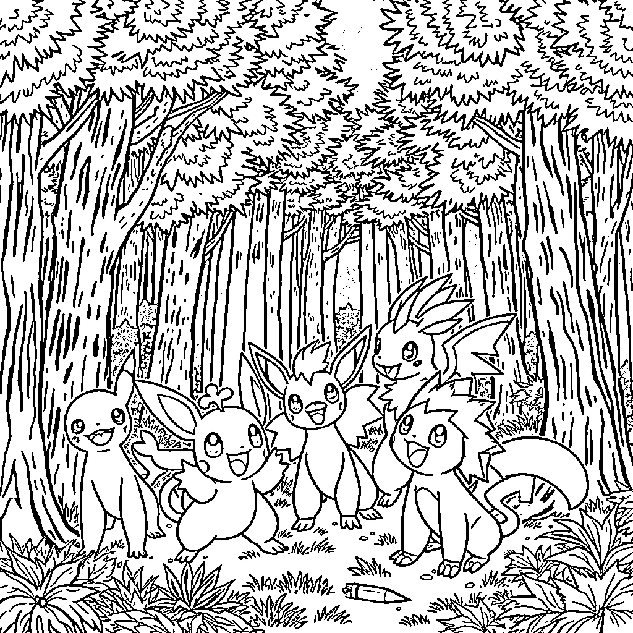 Pokémon characters playing in a forest setting Coloring Page (free black-and-white line drawing printable PDF for all, from beginners to advanced learners, including children, teens, adults, and seniors)