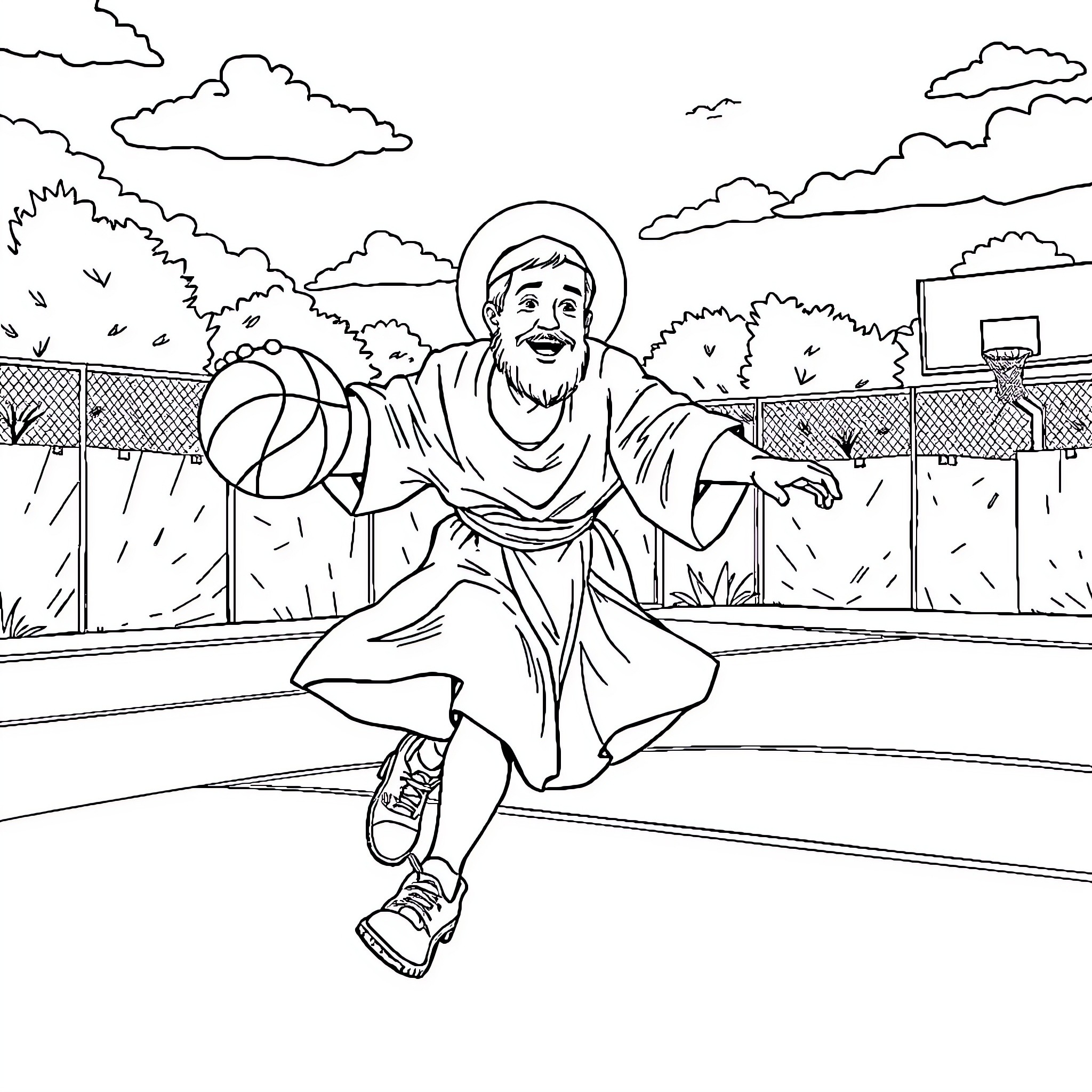 St. Francis Playing Basketball on the Court Coloring Page (free black-and-white line drawing printable PDF for all, from beginners to advanced learners, including children, teens, adults, and seniors)