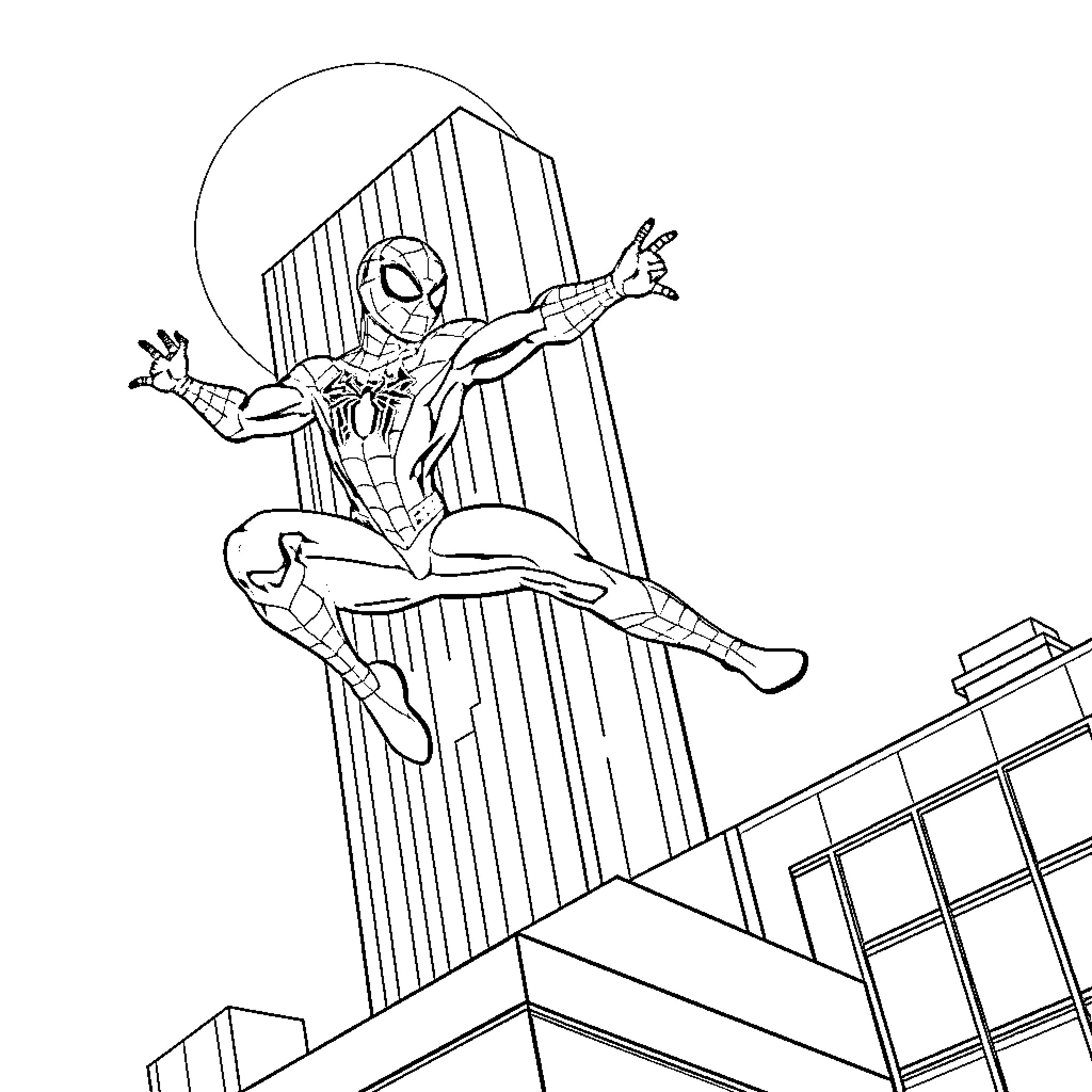 Spiderman swinging into action across the city skyline Coloring Page (free black-and-white line drawing printable PDF for all, from beginners to advanced learners, including children, teens, adults, and seniors)