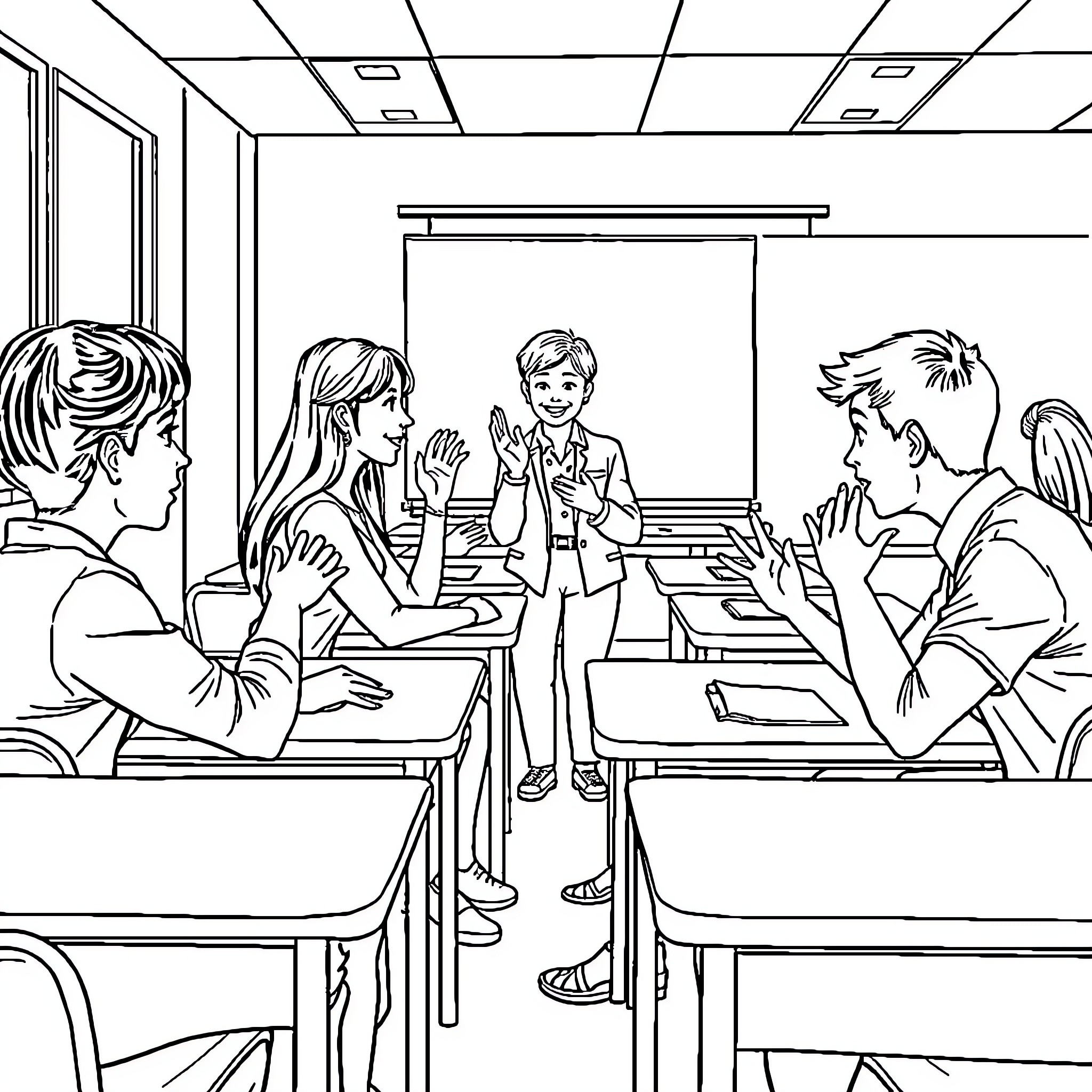 Students conversing in classroom setting Coloring Page (free black-and-white line drawing printable PDF for all, from beginners to advanced learners, including children, teens, adults, and seniors)
