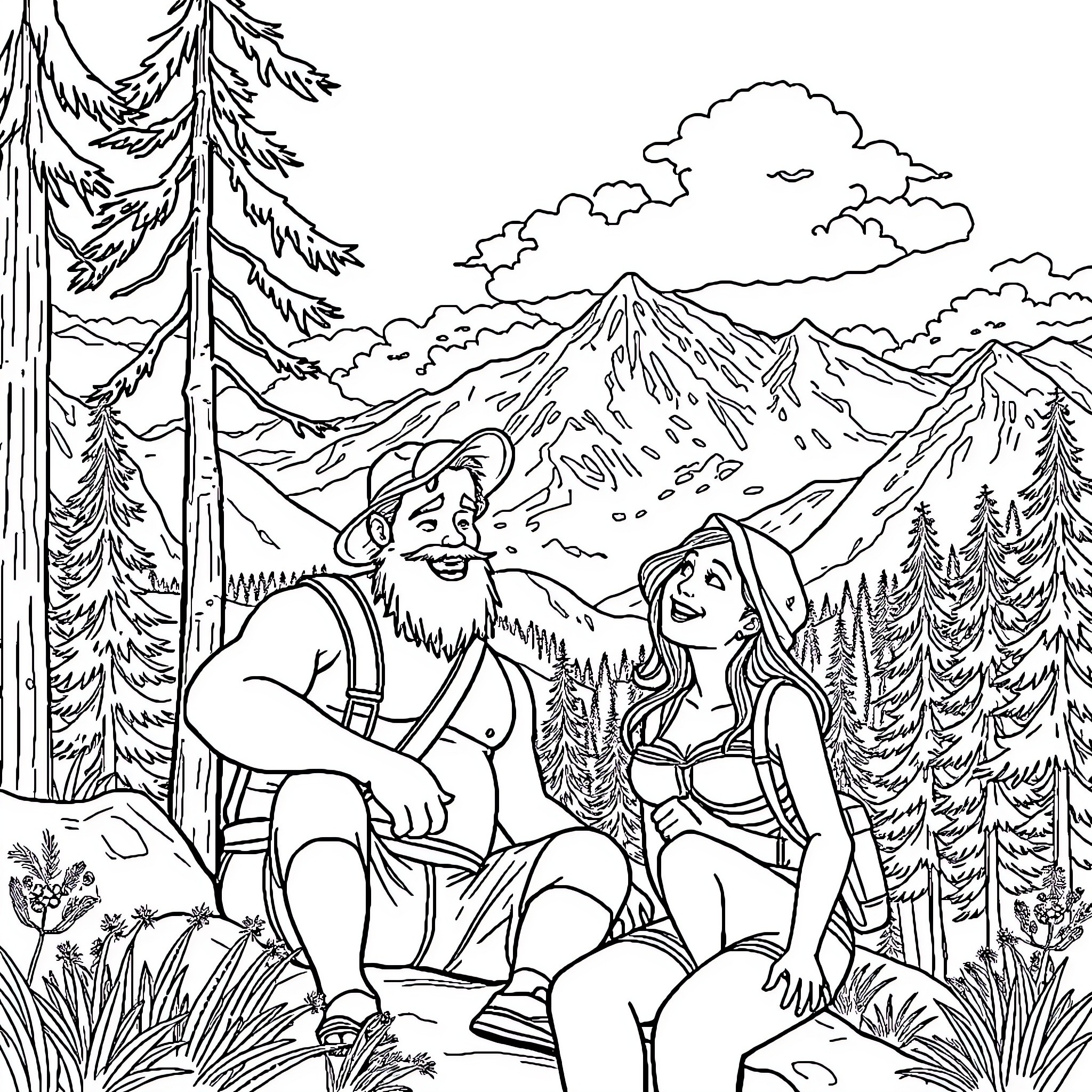 Samson and Delilah in the wilderness Coloring Page (free black-and-white line drawing printable PDF for all, from beginners to advanced learners, including children, teens, adults, and seniors)