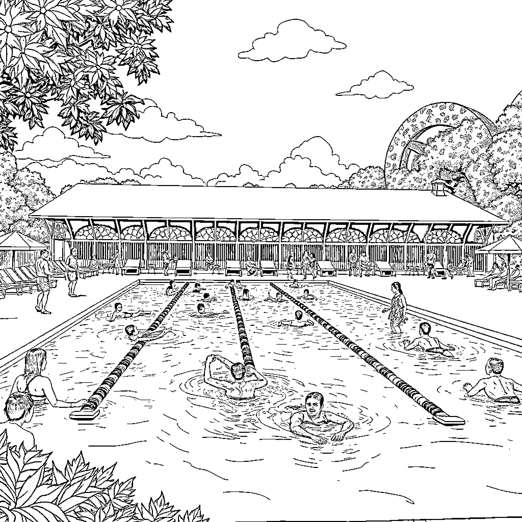 Cory Road Outdoor Pool Scene with Swimmers Coloring Page (free black-and-white line drawing printable PDF for all, from beginners to advanced learners, including children, teens, adults, and seniors)