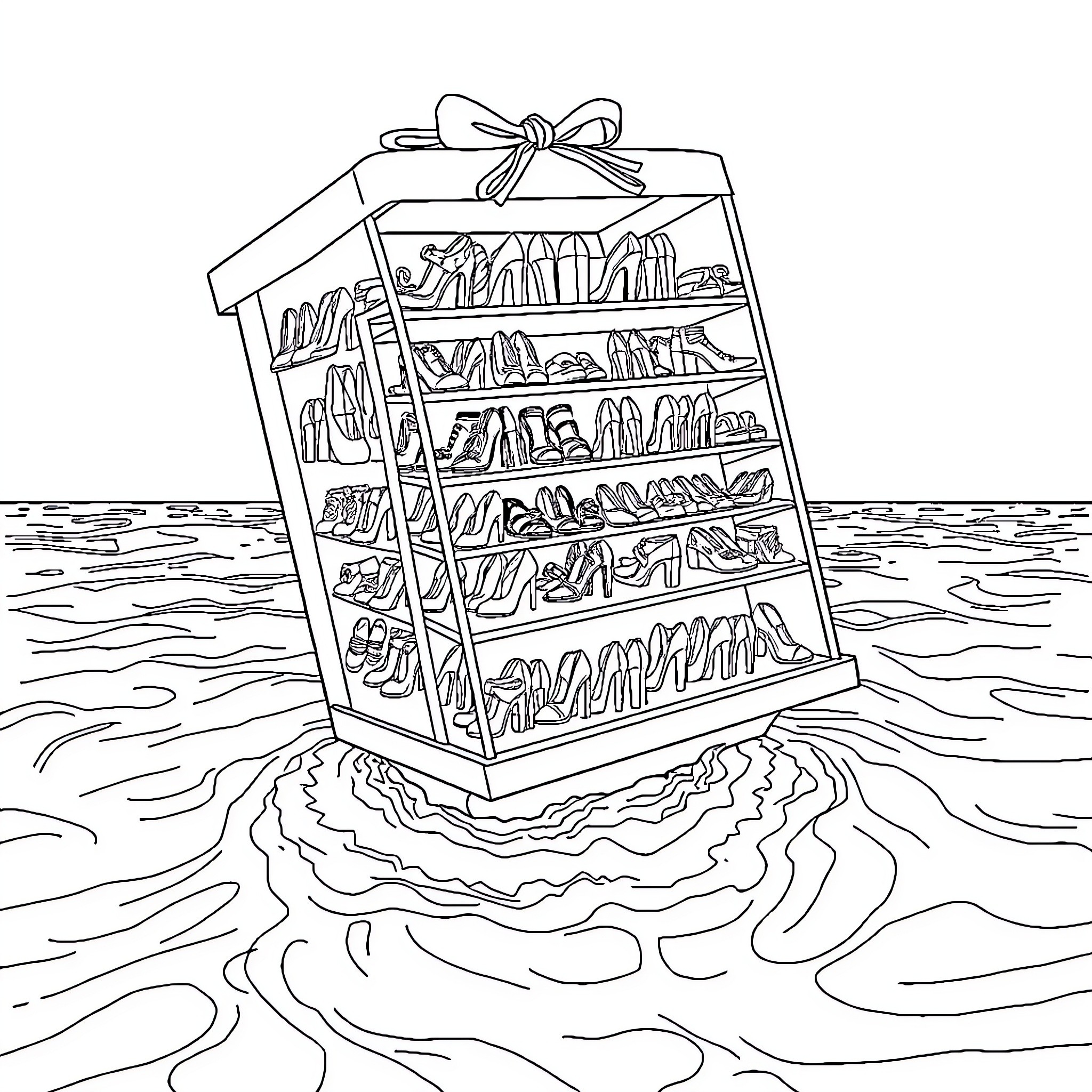 Barbie's Shoe Collection Display Floating on Water Coloring Page (free black-and-white line drawing printable PDF for all, from beginners to advanced learners, including children, teens, adults, and seniors)