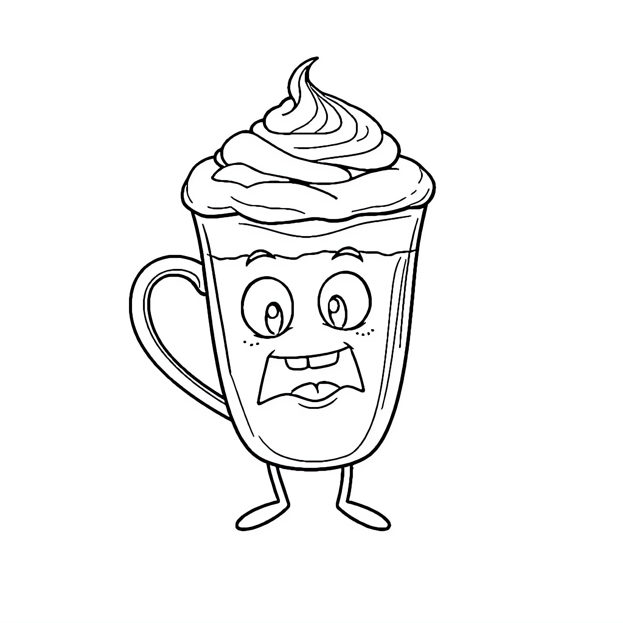 Cappuccino cup with an expressive face Coloring Page (free black-and-white line drawing printable PDF for all, from beginners to advanced learners, including children, teens, adults, and seniors)