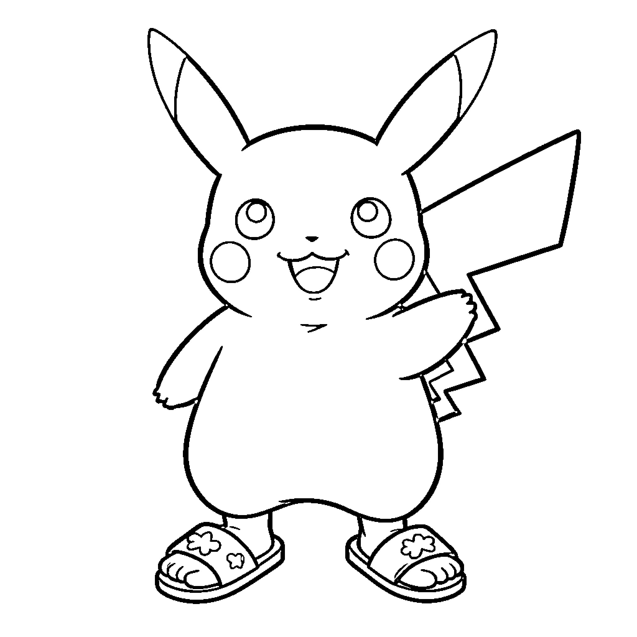 Pikachu cheerfully posing in a simple outline Coloring Page (free black-and-white line drawing printable PDF for all, from beginners to advanced learners, including children, teens, adults, and seniors)