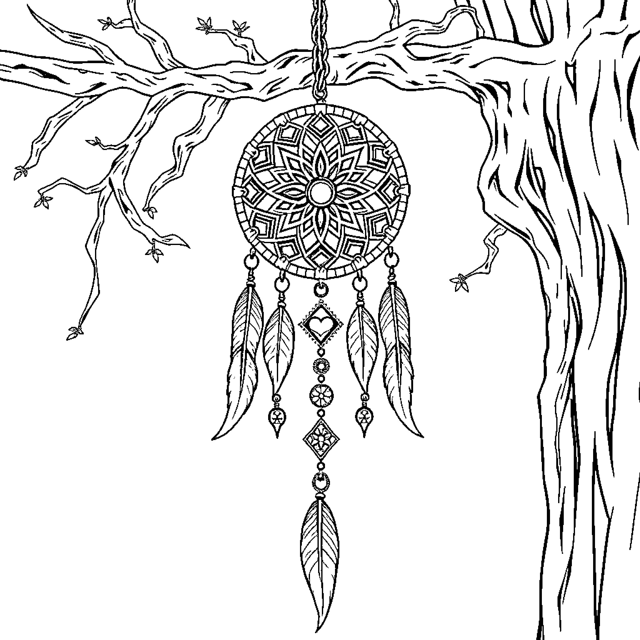 Dream Catcher Hanging in Mystical Forest Coloring Page (free black-and-white line drawing printable PDF for all, from beginners to advanced learners, including children, teens, adults, and seniors)