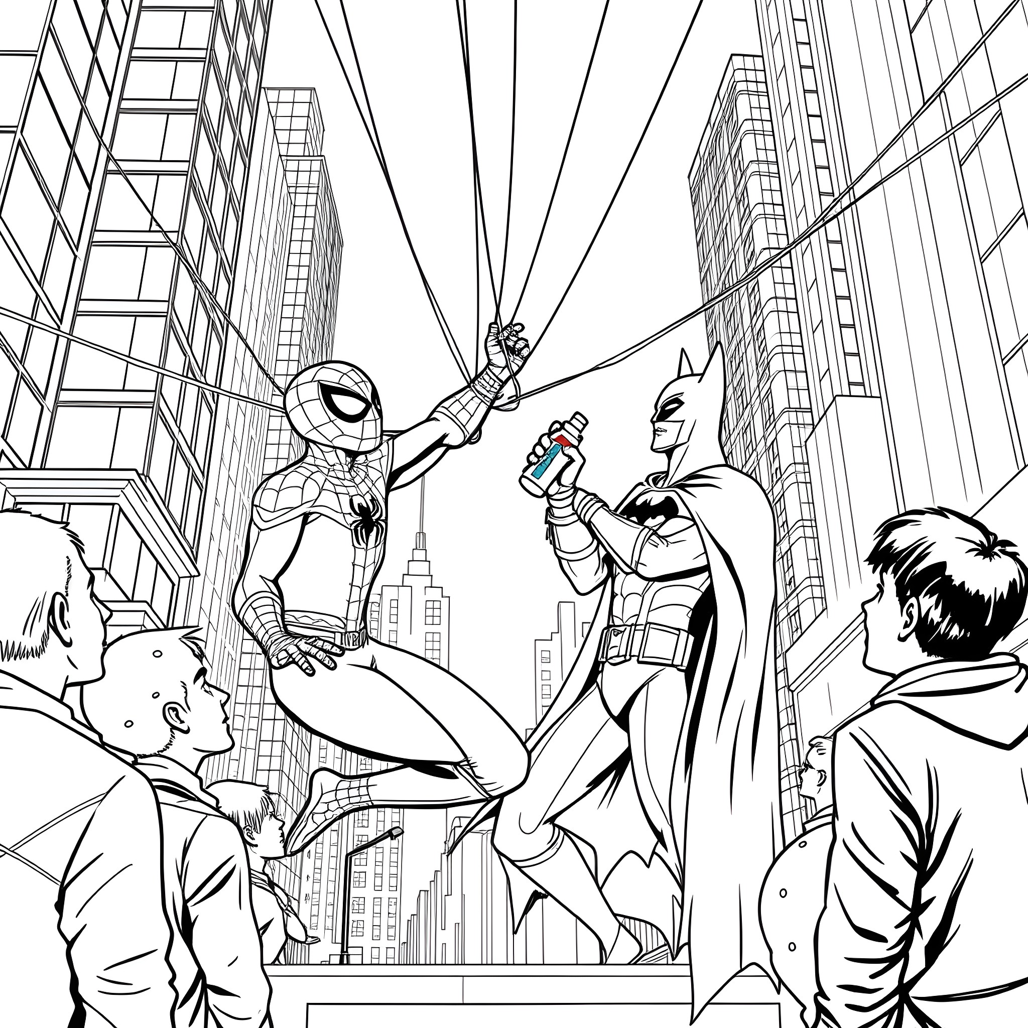 Spider-Man and Batman team up to fight crime in the city Coloring Page (free black-and-white line drawing printable PDF for all, from beginners to advanced learners, including children, teens, adults, and seniors)