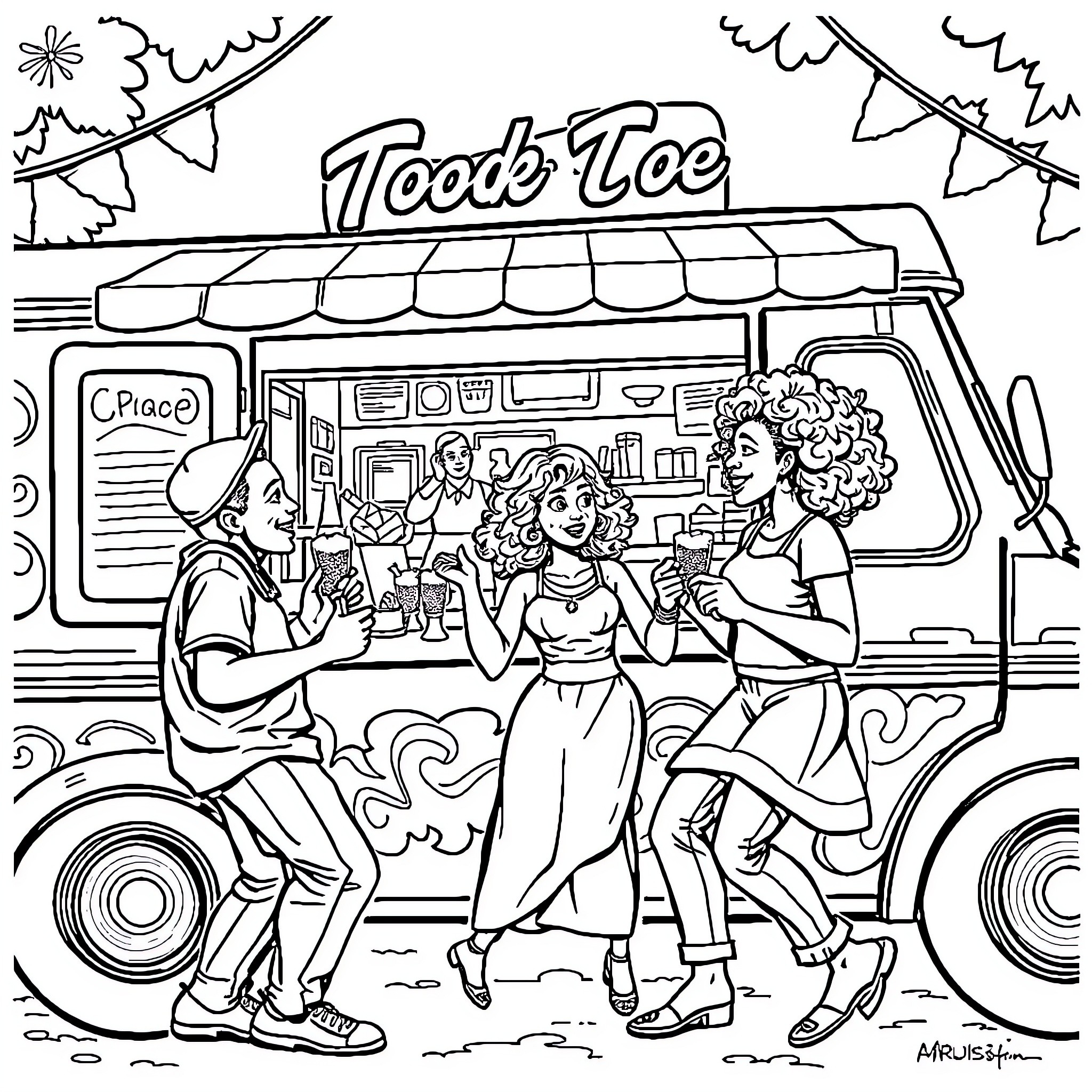 Family enjoying food at a food truck Coloring Page (free black-and-white line drawing printable PDF for all, from beginners to advanced learners, including children, teens, adults, and seniors)