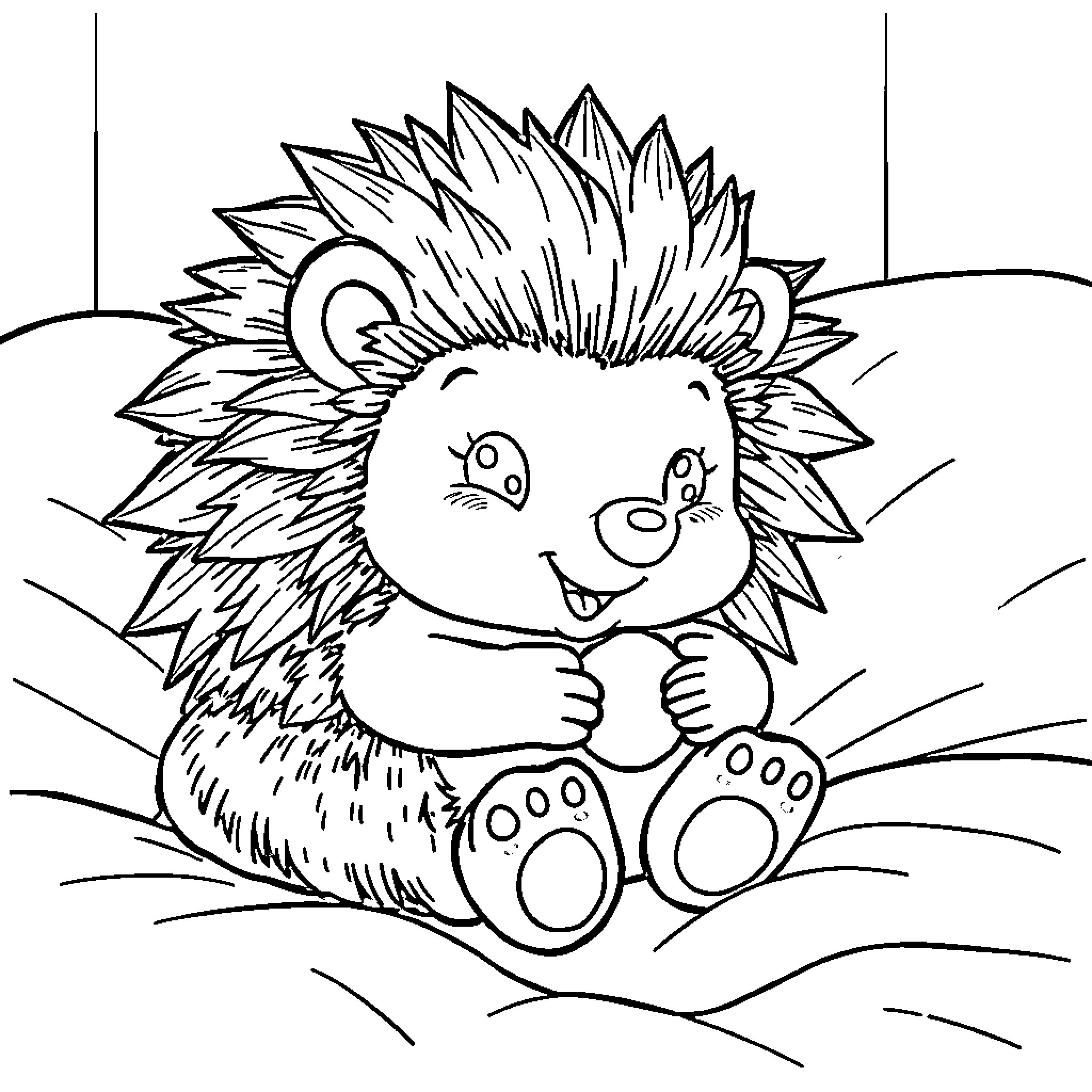 Hedgehog enjoying a snack in the meadow Coloring Page (free black-and-white line drawing printable PDF for all, from beginners to advanced learners, including children, teens, adults, and seniors)