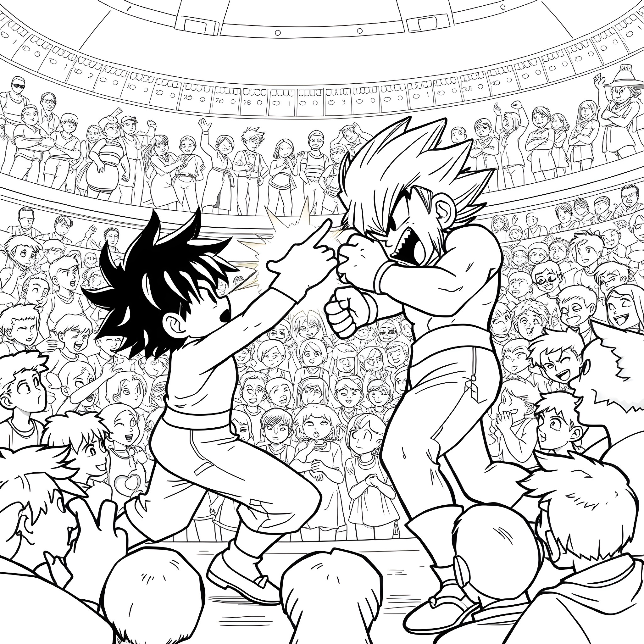 Deku facing off against a rival in an intense battle Coloring Page (free black-and-white line drawing printable PDF for all, from beginners to advanced learners, including children, teens, adults, and seniors)