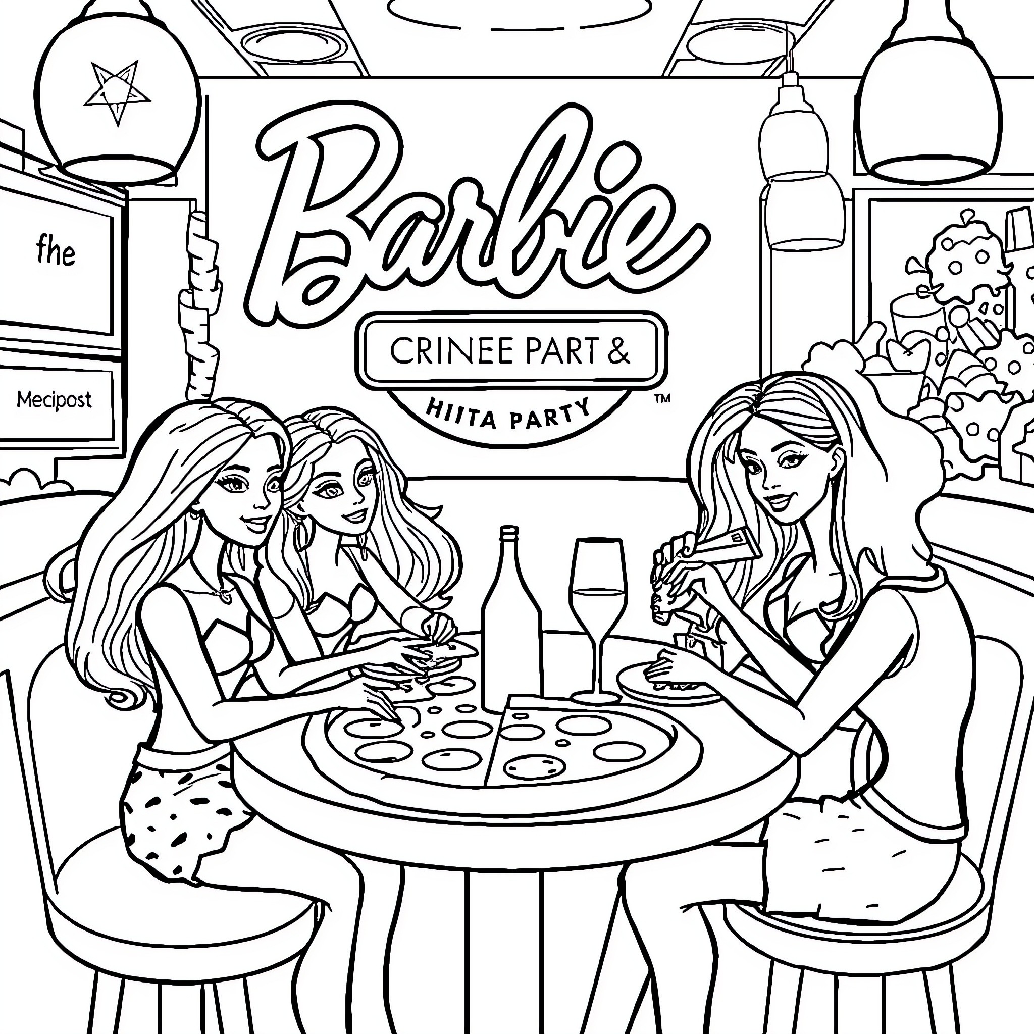 Barbie Cringe Party Hiita Party Coloring Page (free black-and-white line drawing printable PDF for all, from beginners to advanced learners, including children, teens, adults, and seniors)