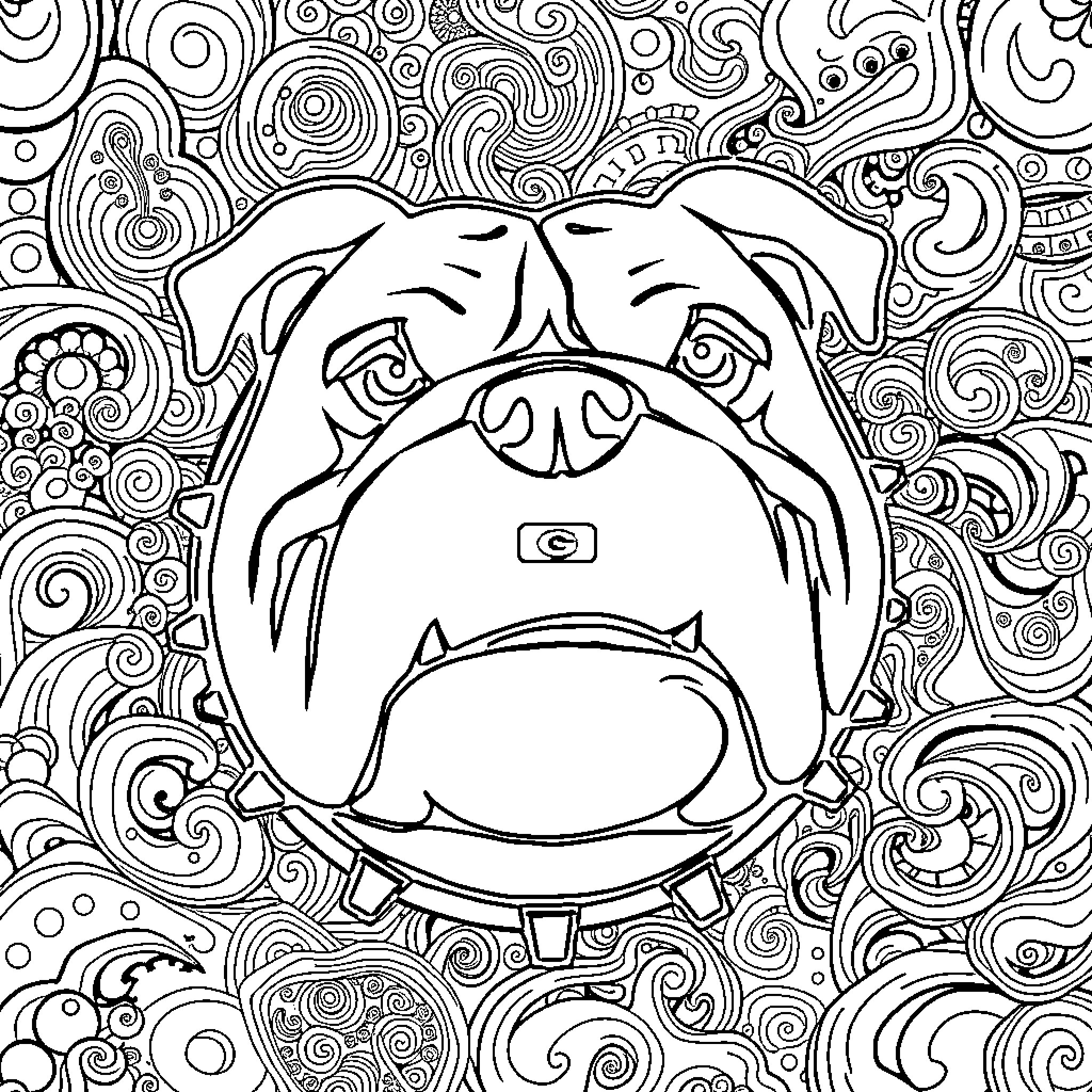 Dog with Intricate Swirling Patterns Coloring Page (free black-and-white line drawing printable PDF for all, from beginners to advanced learners, including children, teens, adults, and seniors)