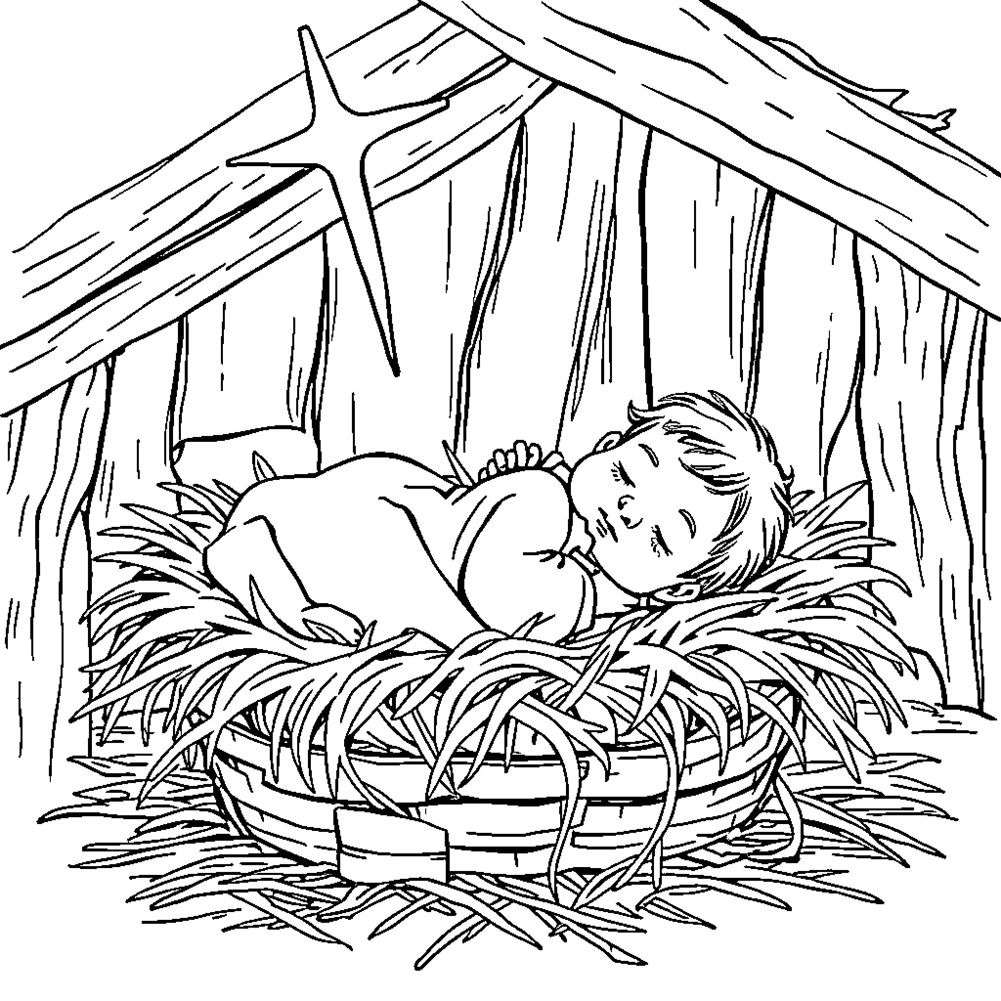 Baby Jesus sleeping peacefully in the manger Coloring Page (free black-and-white line drawing printable PDF for all, from beginners to advanced learners, including children, teens, adults, and seniors)