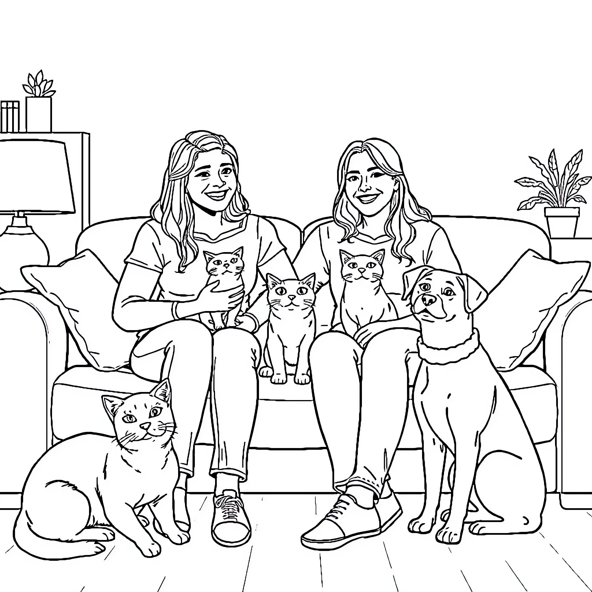 Couple enjoying time with their pets at home Coloring Page (free black-and-white line drawing printable PDF for all, from beginners to advanced learners, including children, teens, adults, and seniors)
