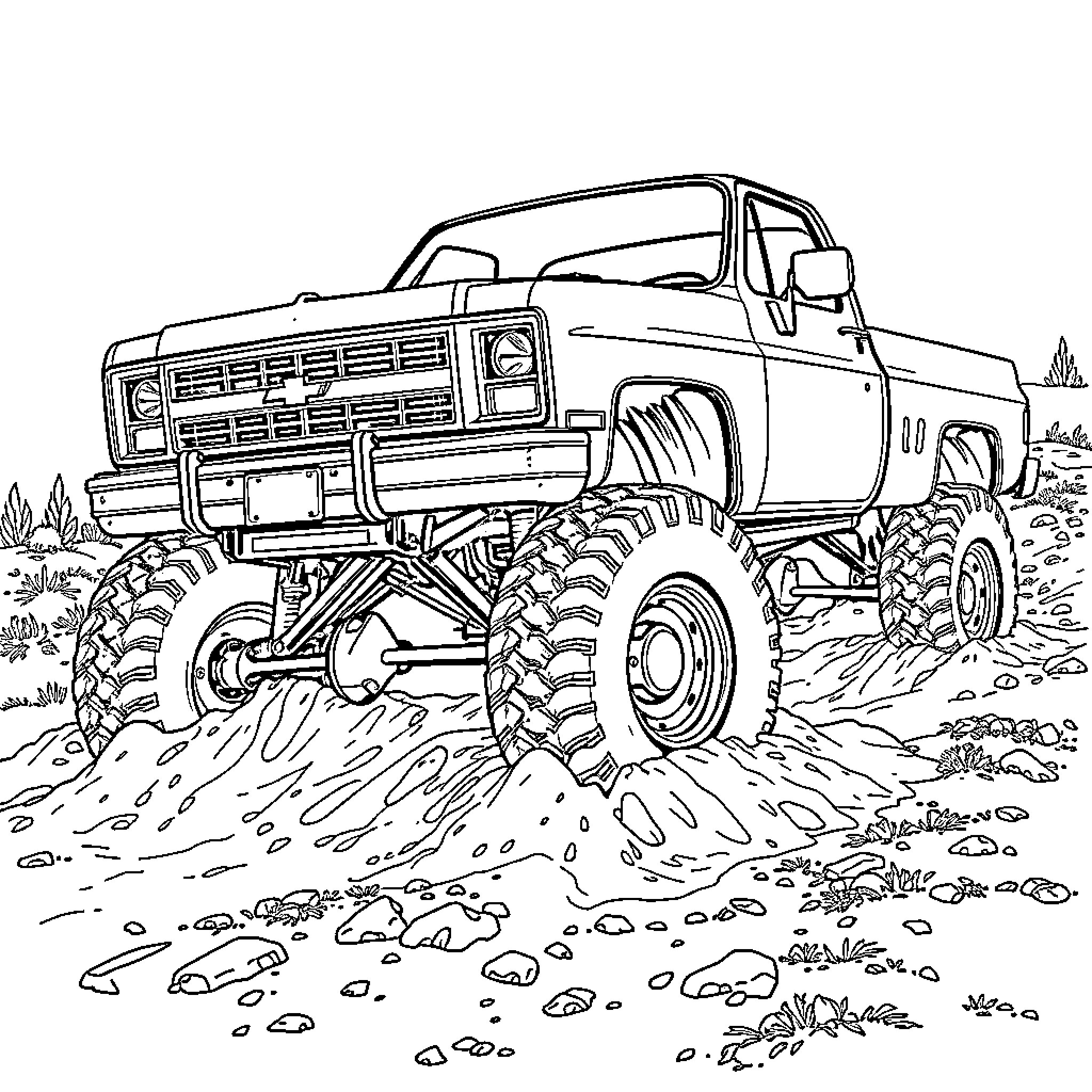 Chevy Truck Conquering Rugged Terrain Coloring Page (free black-and-white line drawing printable PDF for all, from beginners to advanced learners, including children, teens, adults, and seniors)
